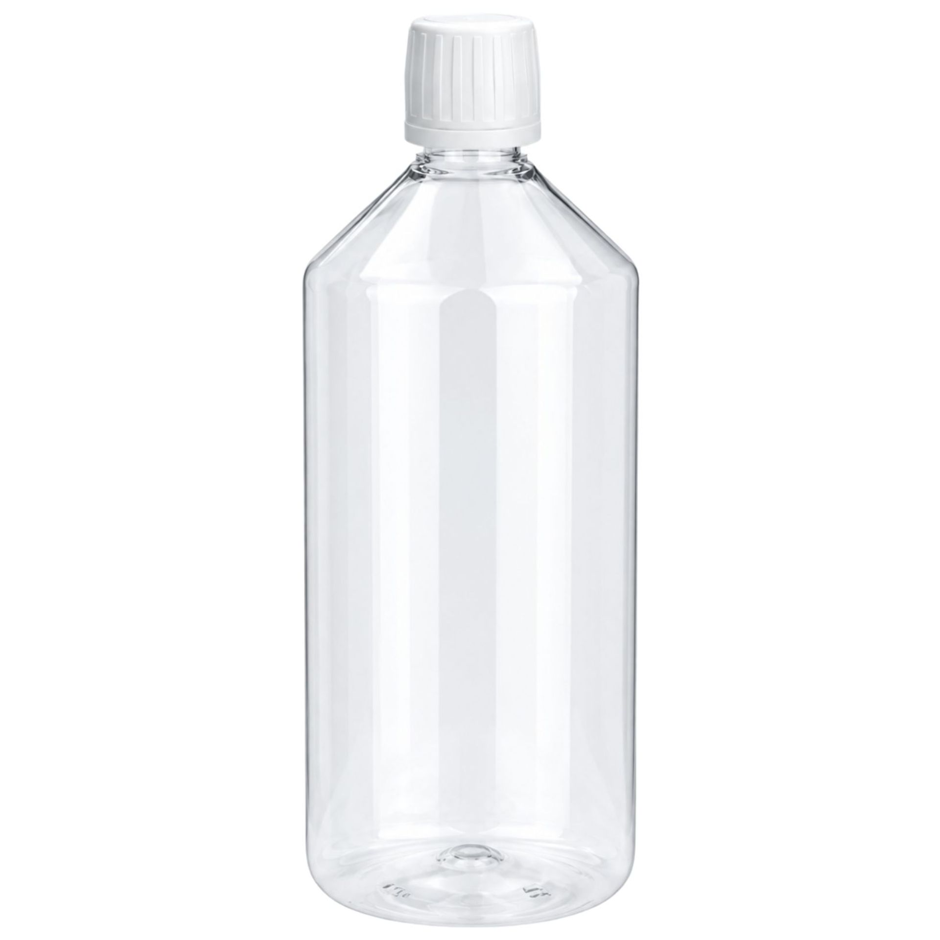 Klare Laborflasche aus transparentem PET mit einem Fassungsvermögen von 1000 Millilitern, ausgestattet mit einem schwarzen Schraubverschluss und integriertem Ausgießer, stehend auf weißem Hintergrund.