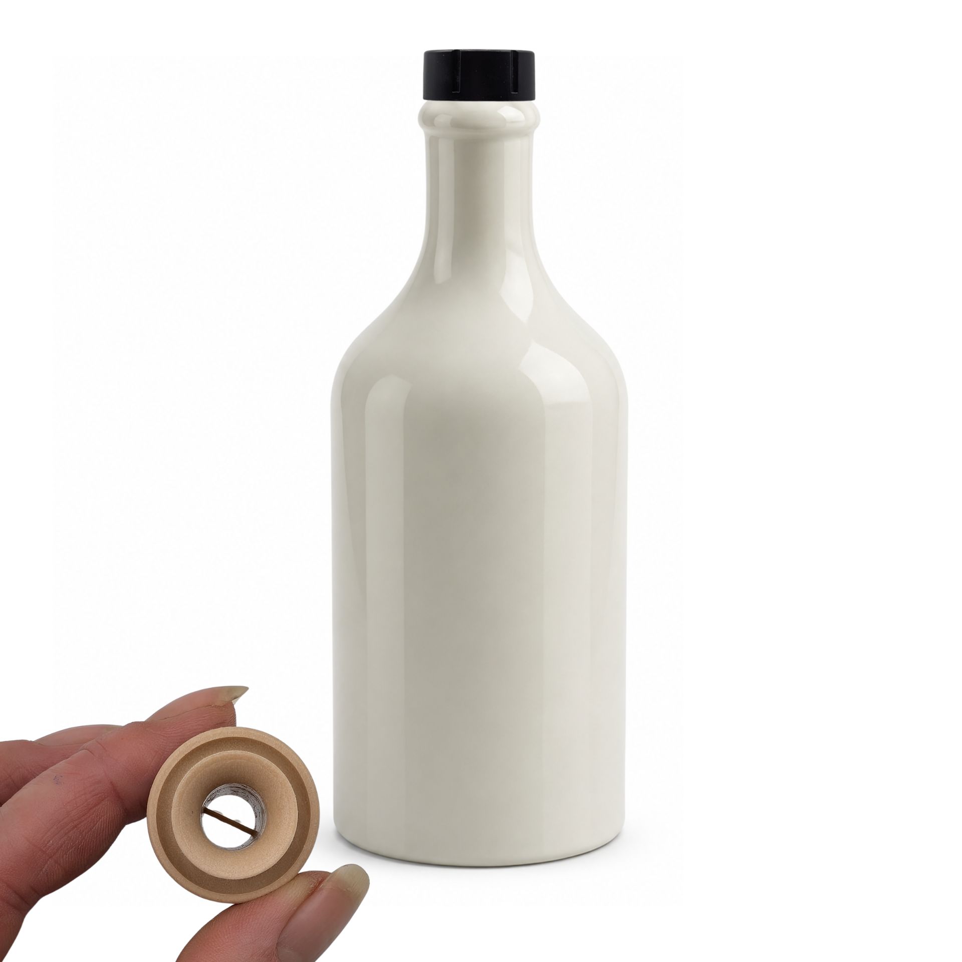 Ölflasche 500 ml Steingut Cremeweiß mit Ausgießer und Kappe schwarz