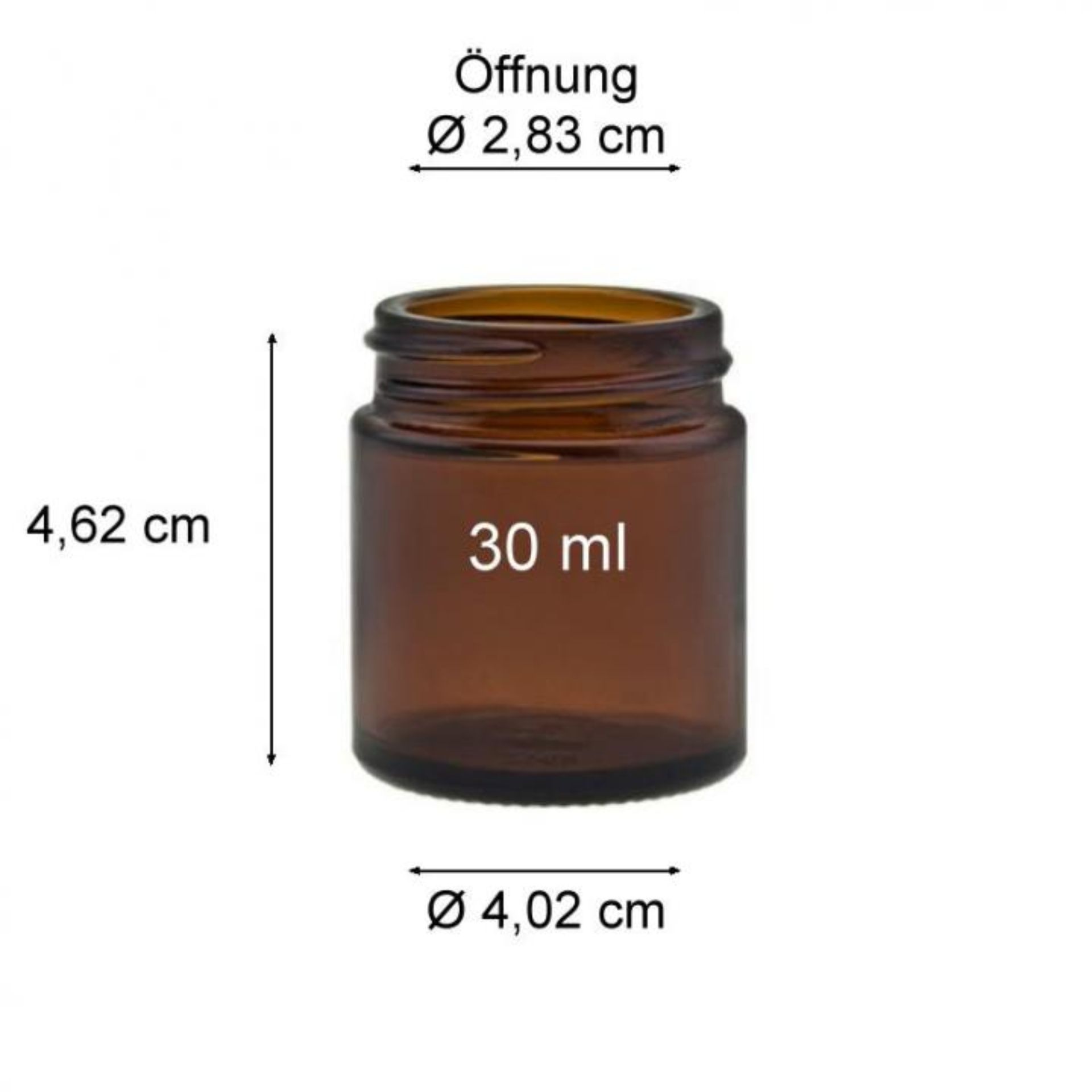 Brauner Glastiegel 30 ml mit silbernem Deckel, geeignet für Cremes und Kosmetikprodukte, auf weißem Hintergrund.