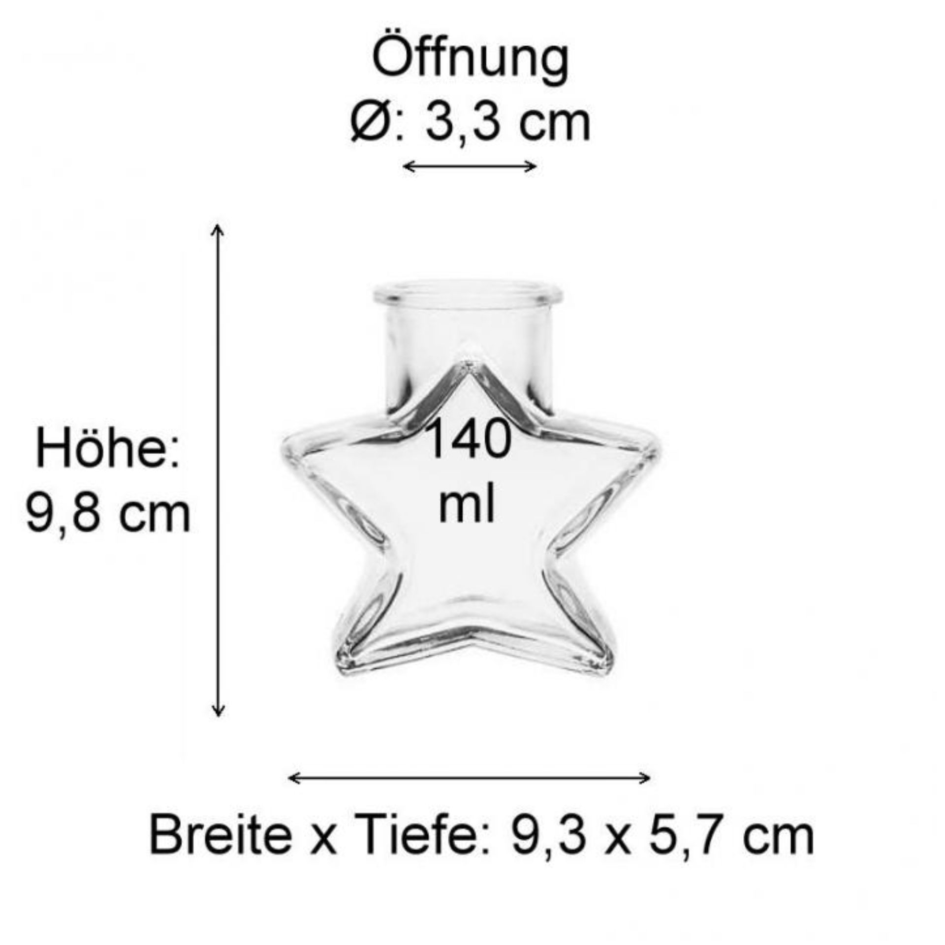 Produktfoto eines sternförmigen Glasgefäßes mit einem Fassungsvermögen von 140 ml, dargestellt auf einem neutralen Hintergrund; ideale Verpackung für kreative Präsentationen von Lebensmitteln oder Getränken.