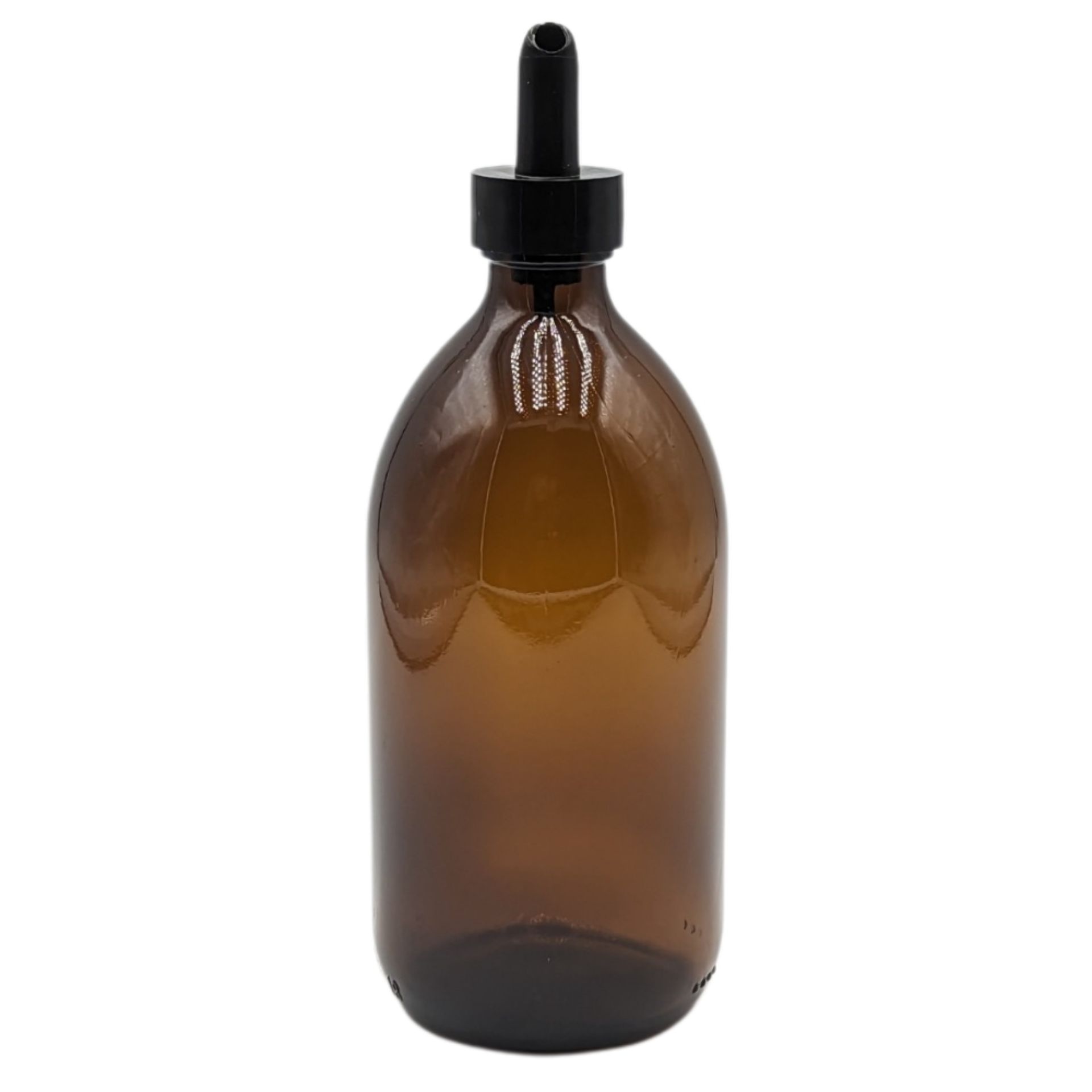 Leere, durchsichtige 500-ml-Glasflasche mit Schraubgewinde vor weißem Hintergrund.
