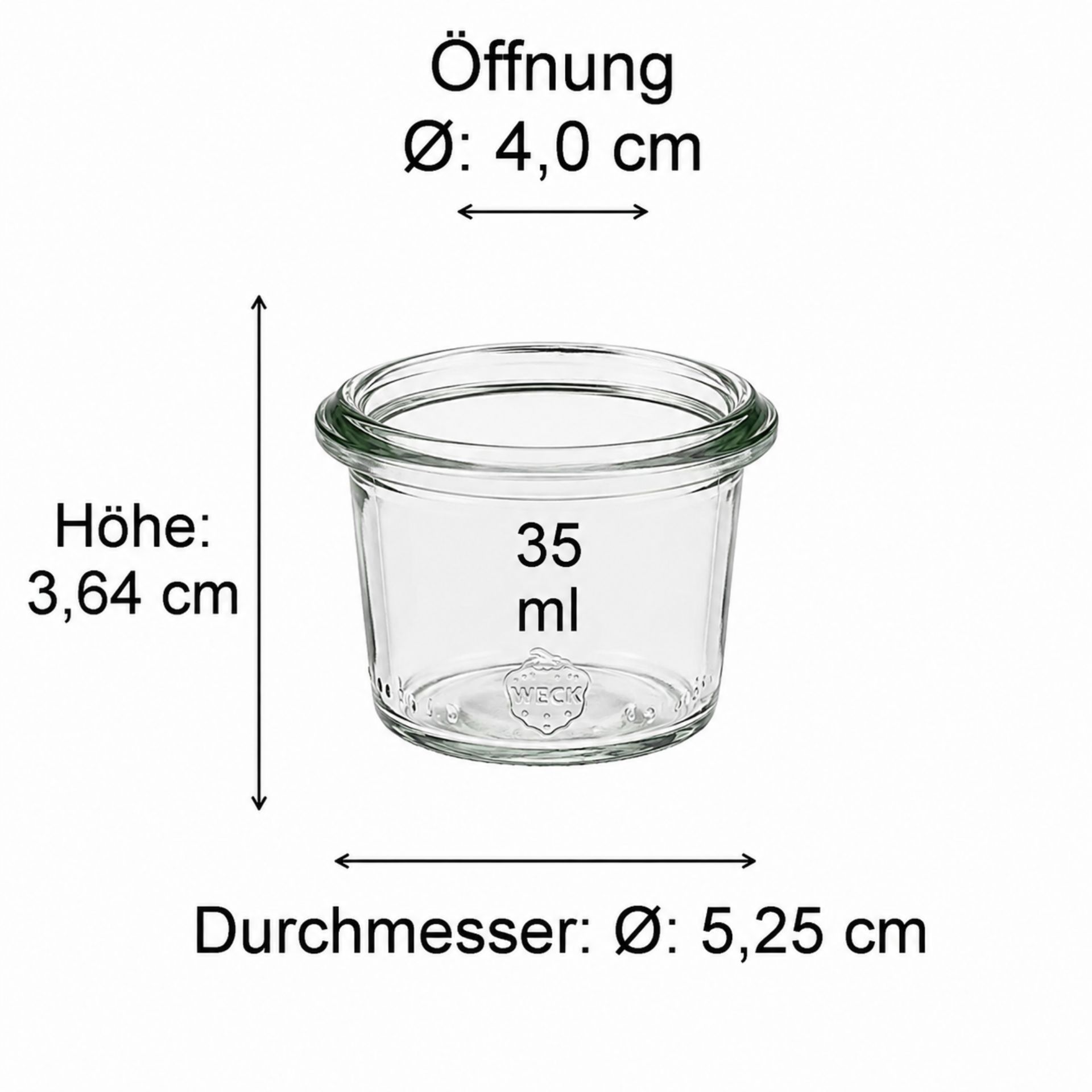 Weck 35 ml Einmachglas mit Deckel - Ideal zum Einkochen und Konservieren, auf einem weißen Hintergrund abgebildet