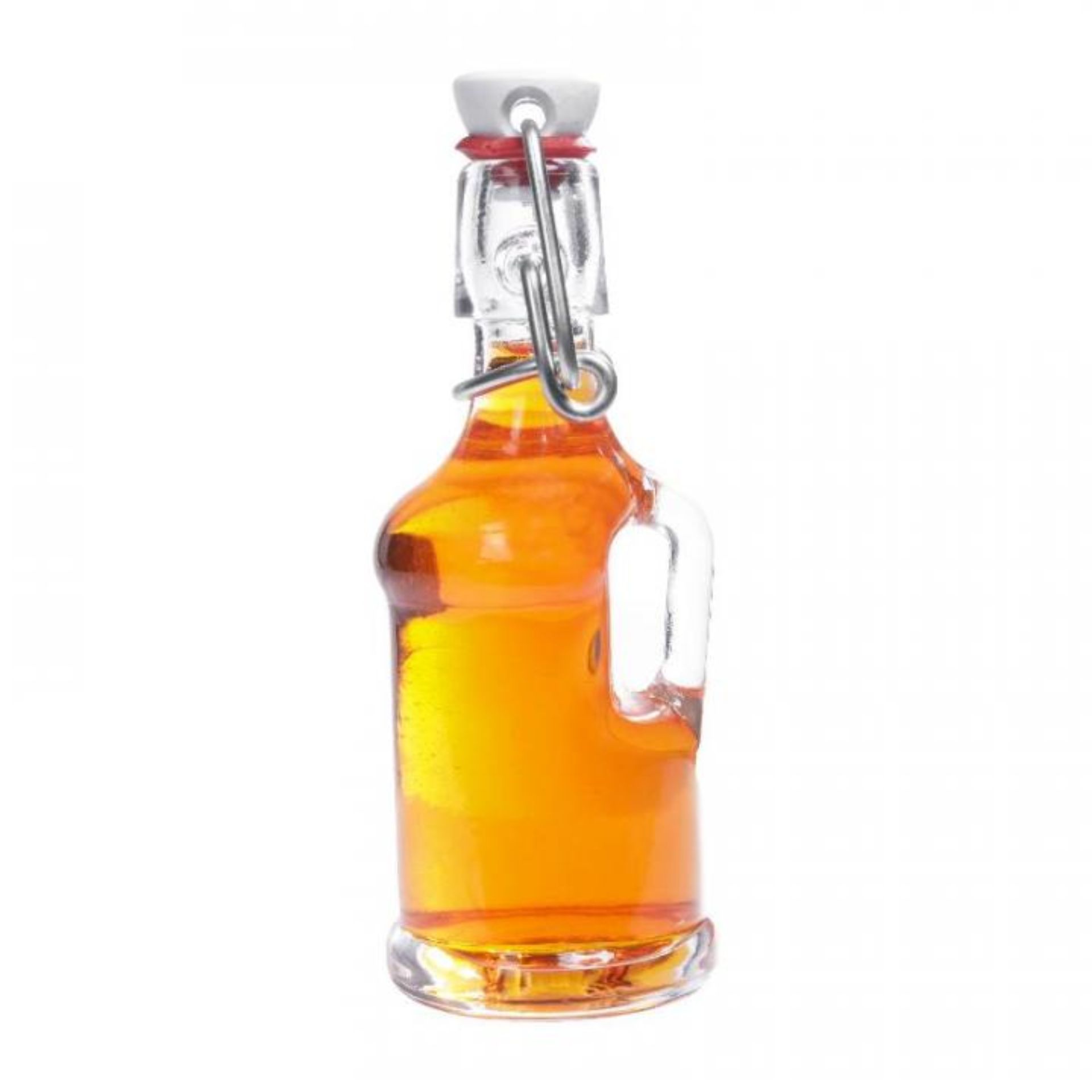 Produktabbildung einer transparenten Glasflasche mit Schraubverschluss und eingeprägtem Muster, geeignet für Getränke oder Flüssigkeiten, auf einem neutralen Hintergrund platziert.