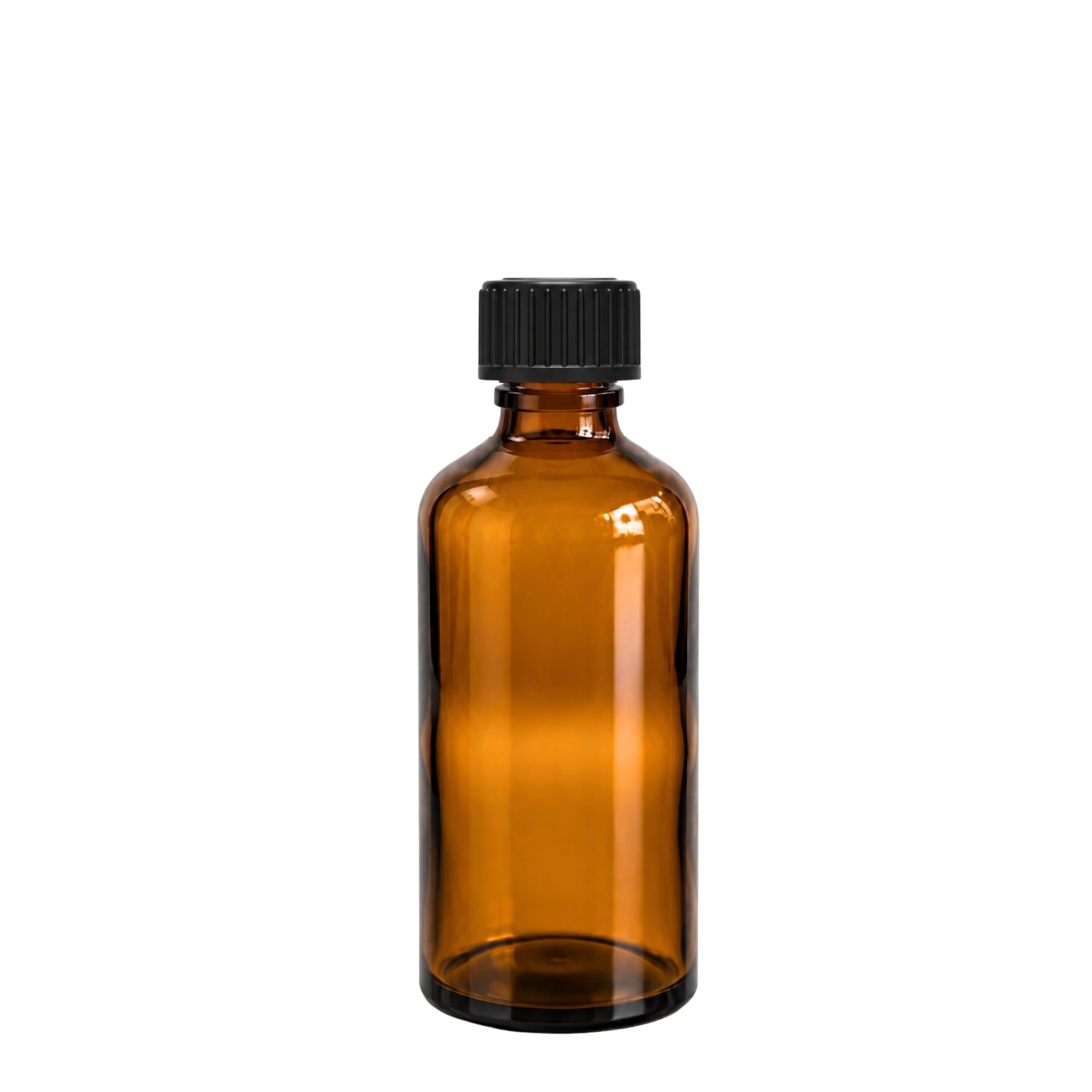 Transparente braune Glasflasche mit 28-mm-Gewindeöffnung, auf weißem Hintergrund stehend.