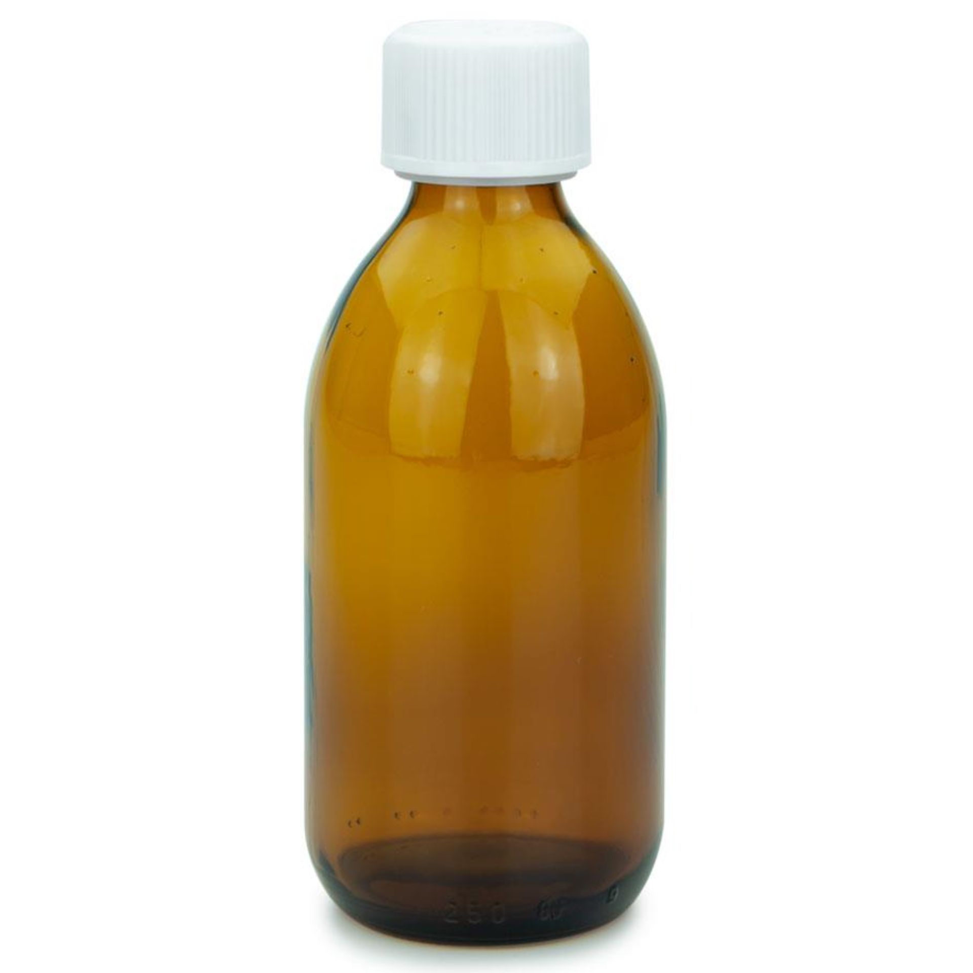 Braune 250-ml-Tropfflasche aus Glas mit Schraubverschluss, stehend vor weißem Hintergrund.
