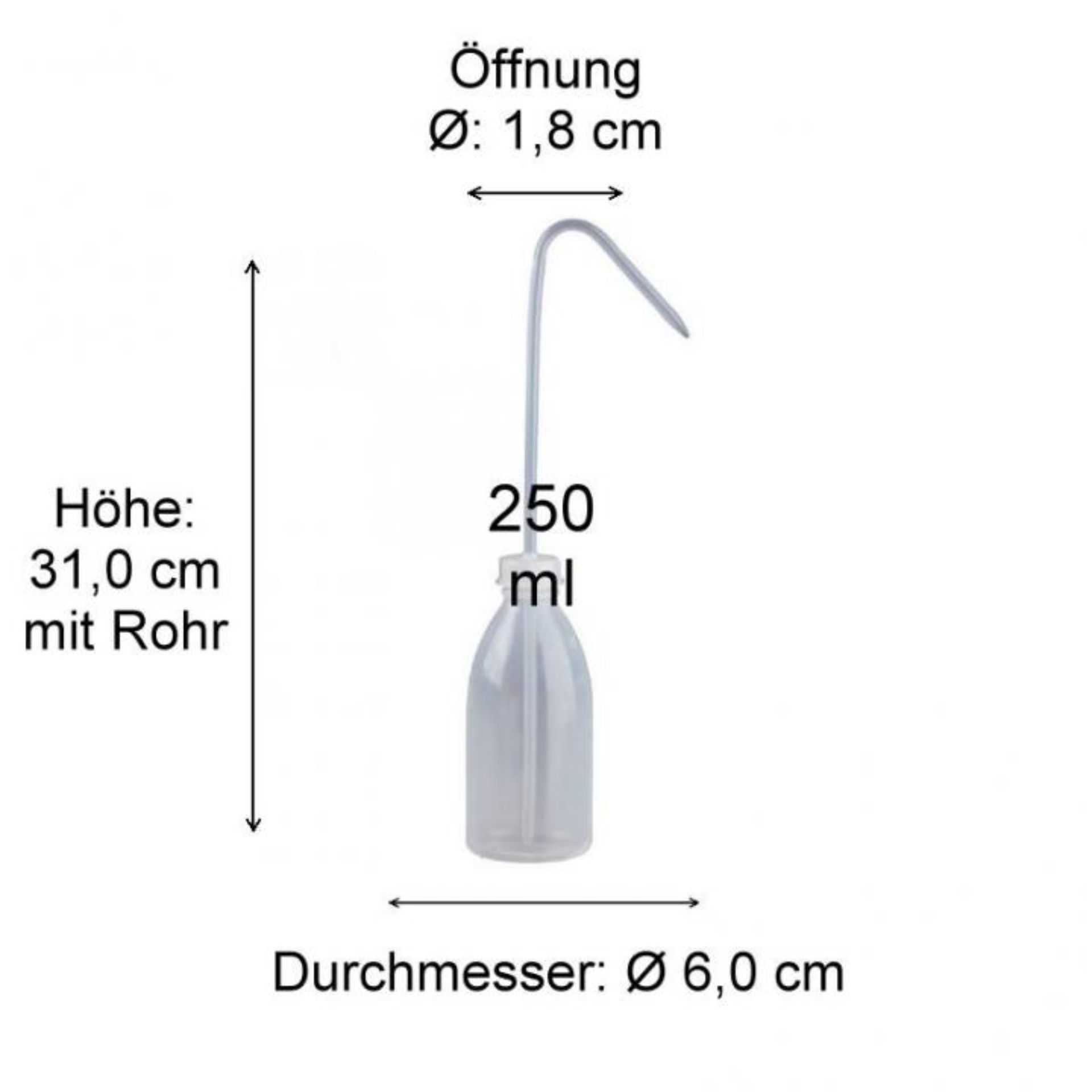 Produktbild von einer Glasflasche mit schwarzen Schraubverschluss, 250 ml Fassungsvermögen, Markenname VI9102KH, mit präzisen Abmessungen im Hintergrund dargestellt.