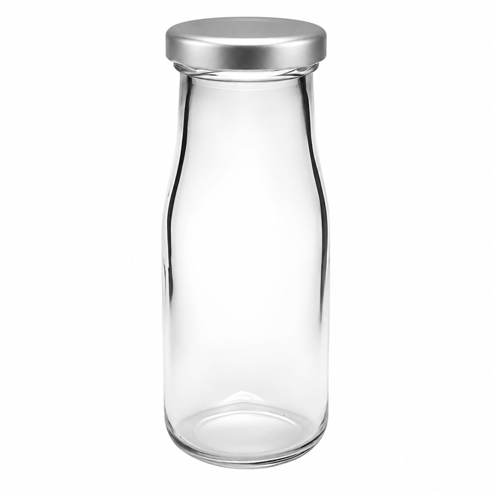 156-ml-Glasflasche in Milchflaschenform mit Schraubdeckel; gezeigt mit Deckel in Gold, Silber und Schwarz auf hellem Hintergrund.