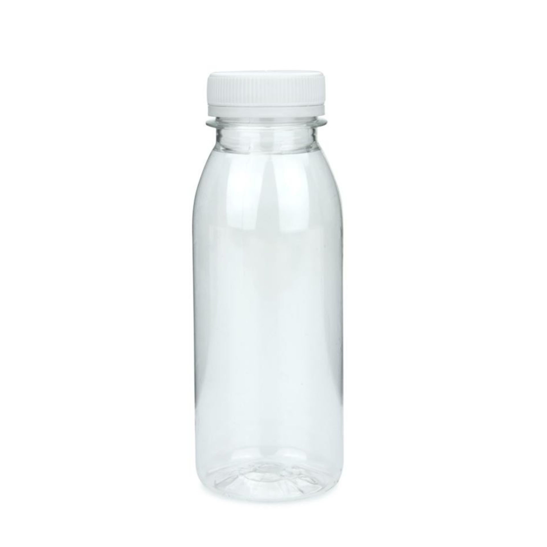 Transparente 250-ml-Smoothieflasche aus Kunststoff mit weißem Deckel, stehend vor weißem Hintergrund.