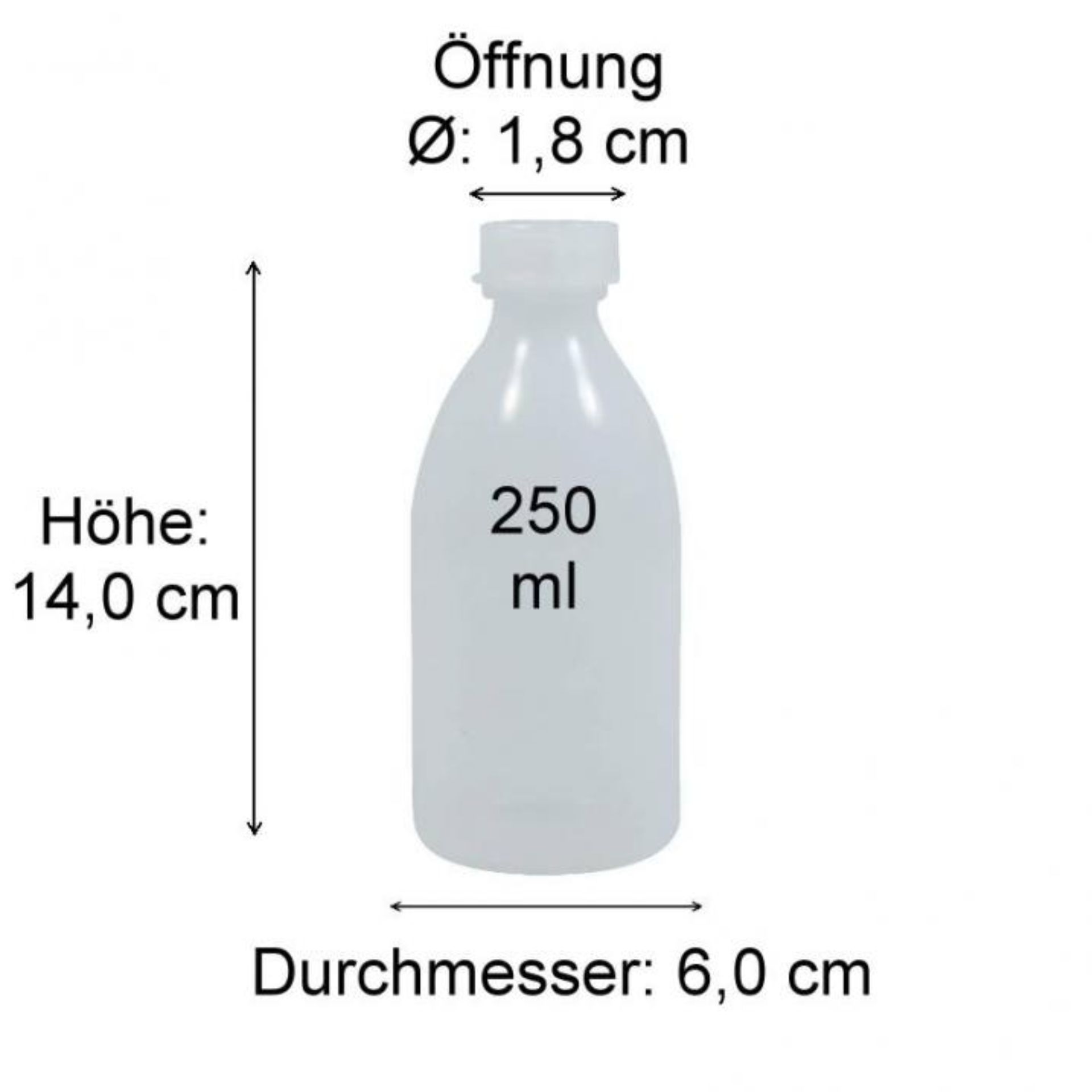 Produktbild einer transparenten Glasflasche mit blauer Schraubkappe, Modellnummer VI9100KH250, dargestellt mit Größenangaben und Maßlinien auf weißem Hintergrund.