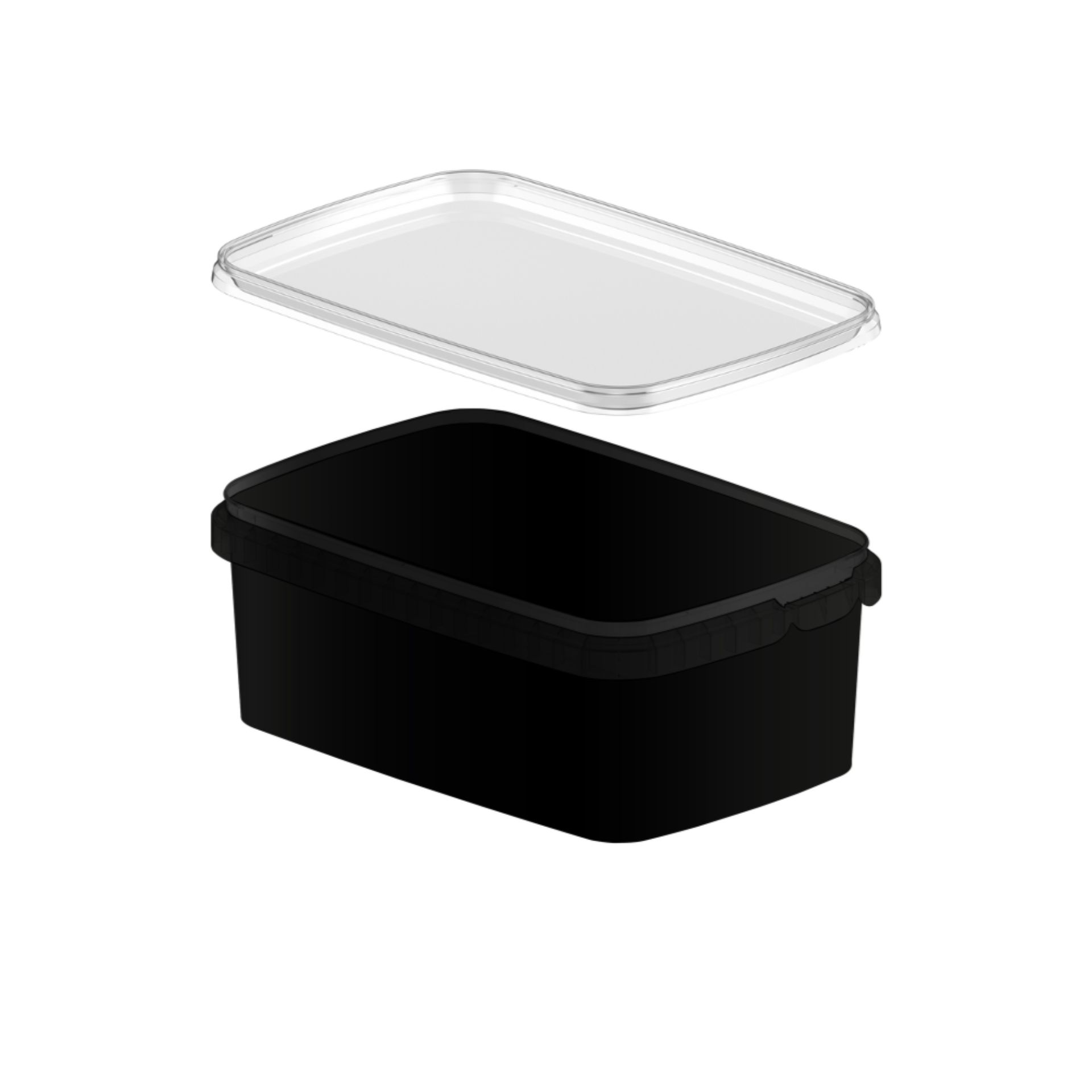Feinkostbecher eckig schwarz 1200ml mit Deckel VIRA1PS921200schw Eckiger schwarzer Feinkostbecher aus Kunststoff mit durchsichtigem Deckel, Fassungsvermögen 1200 ml, auf weißem Hintergrund.