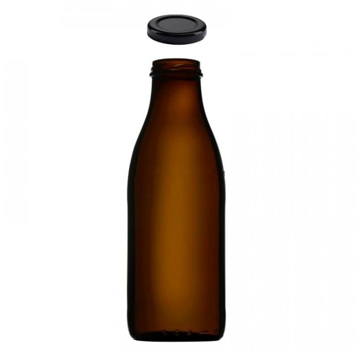Schwarze 1000ml Milchflasche Braun Glasflasche Braune 1000-ml-Milchflasche mit schwarzem Schraubverschluss, stehend vor neutralem Hintergrund.