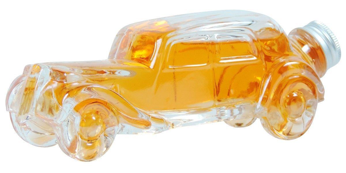 Klare Glasflasche mit 200 ml Fassungsvermögen in nostalgischem „Oldtimer“-Design, verschlossen mit einem silberfarbenen Metalldeckel, stehend vor neutralem Hintergrund.