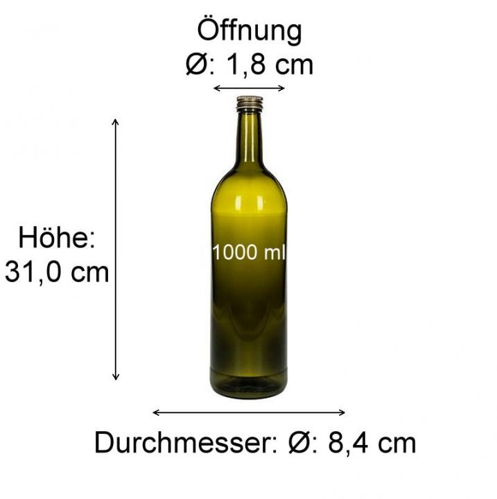 mikken 1 Liter grüne Glasflasche, Weinflasche, Saftflasche, Ölflasche mit Schraubdeckel 