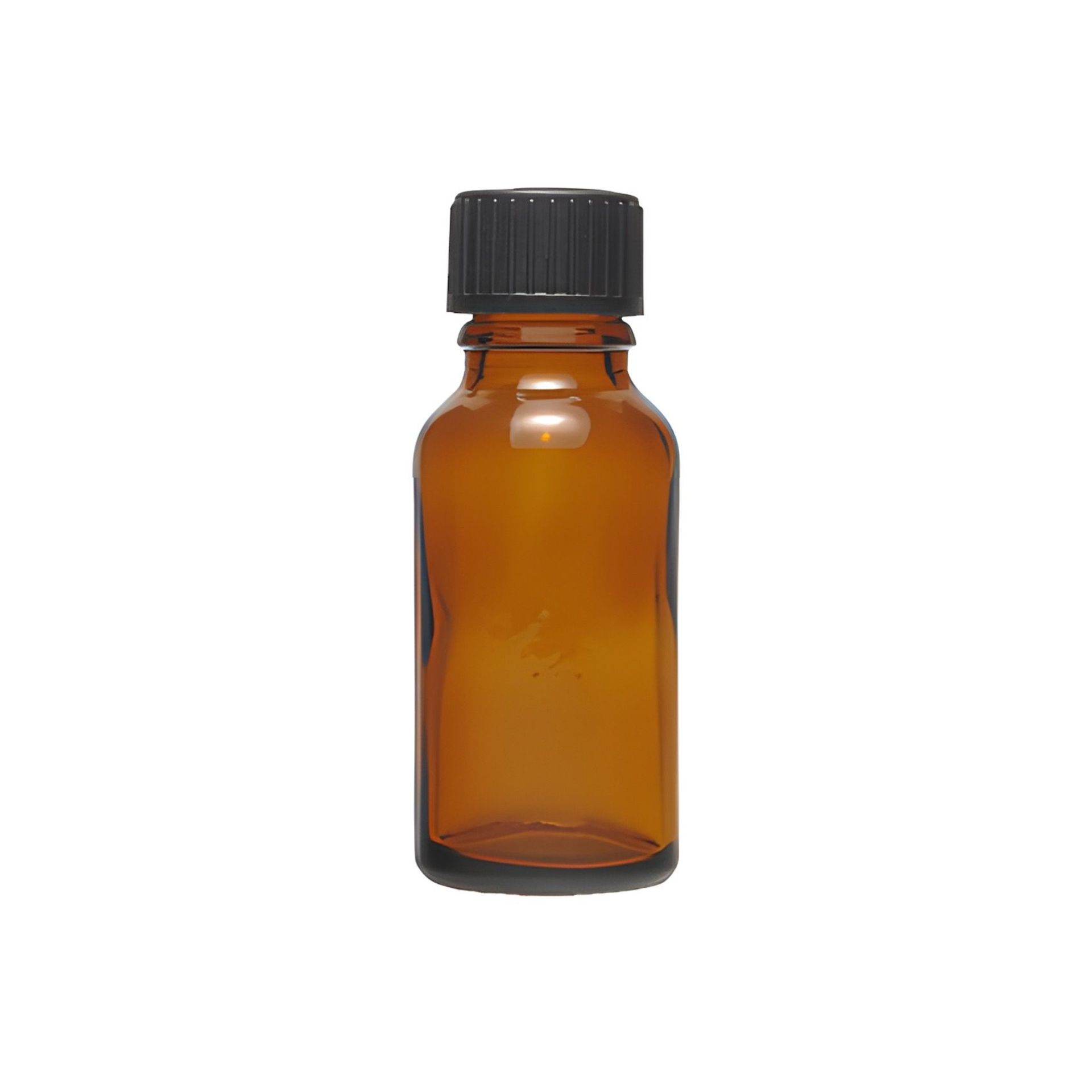 Braune Tropfflasche 20 ml mit Tropfeinsatz aus Kunststoff, ideal für präzises Dosieren von Flüssigkeiten, Abbildung der Dosierflasche auf weißem Hintergrund.
