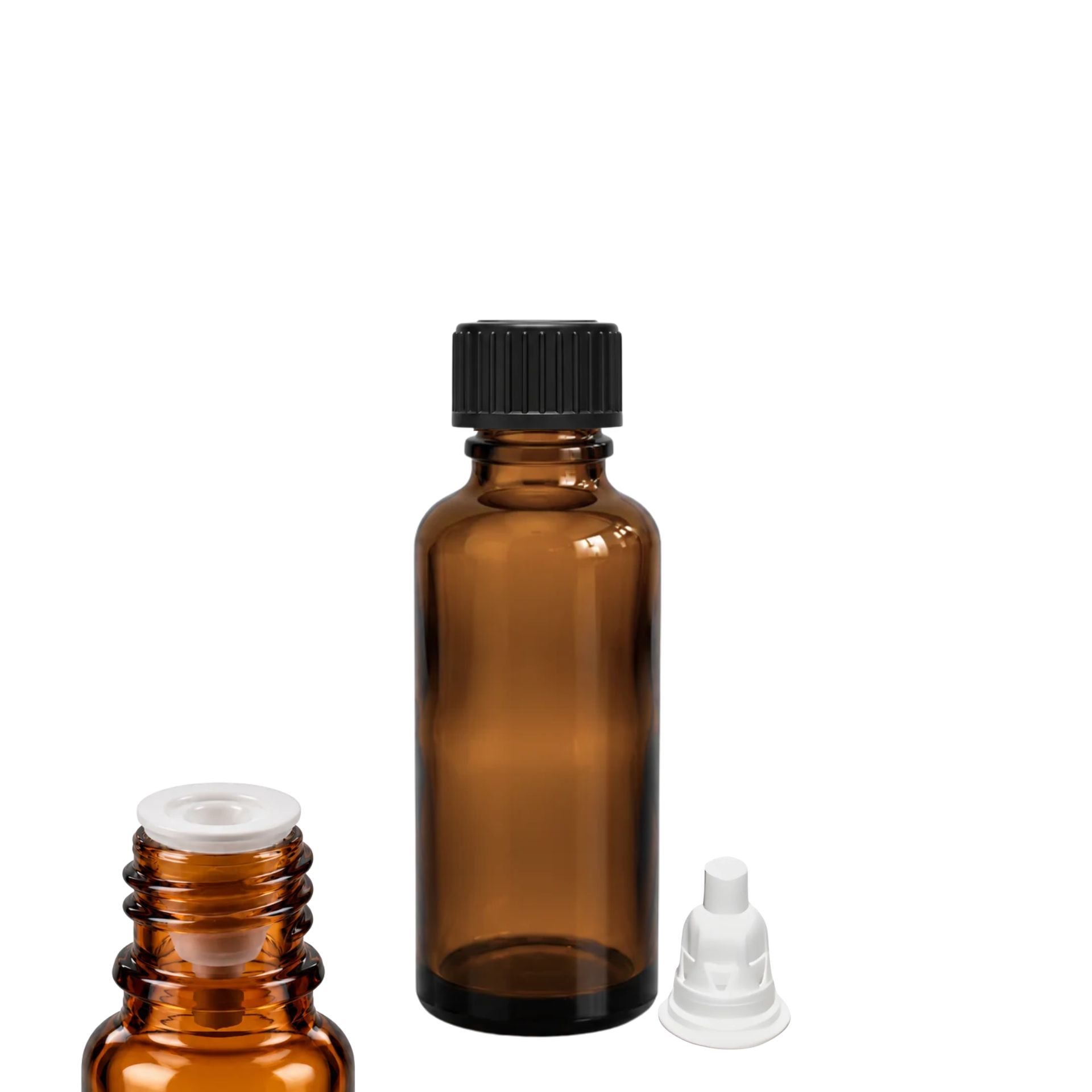 Braune Tropfflasche 20 ml mit Tropfeinsatz aus Kunststoff, ideal für präzises Dosieren von Flüssigkeiten, Abbildung der Dosierflasche auf weißem Hintergrund.