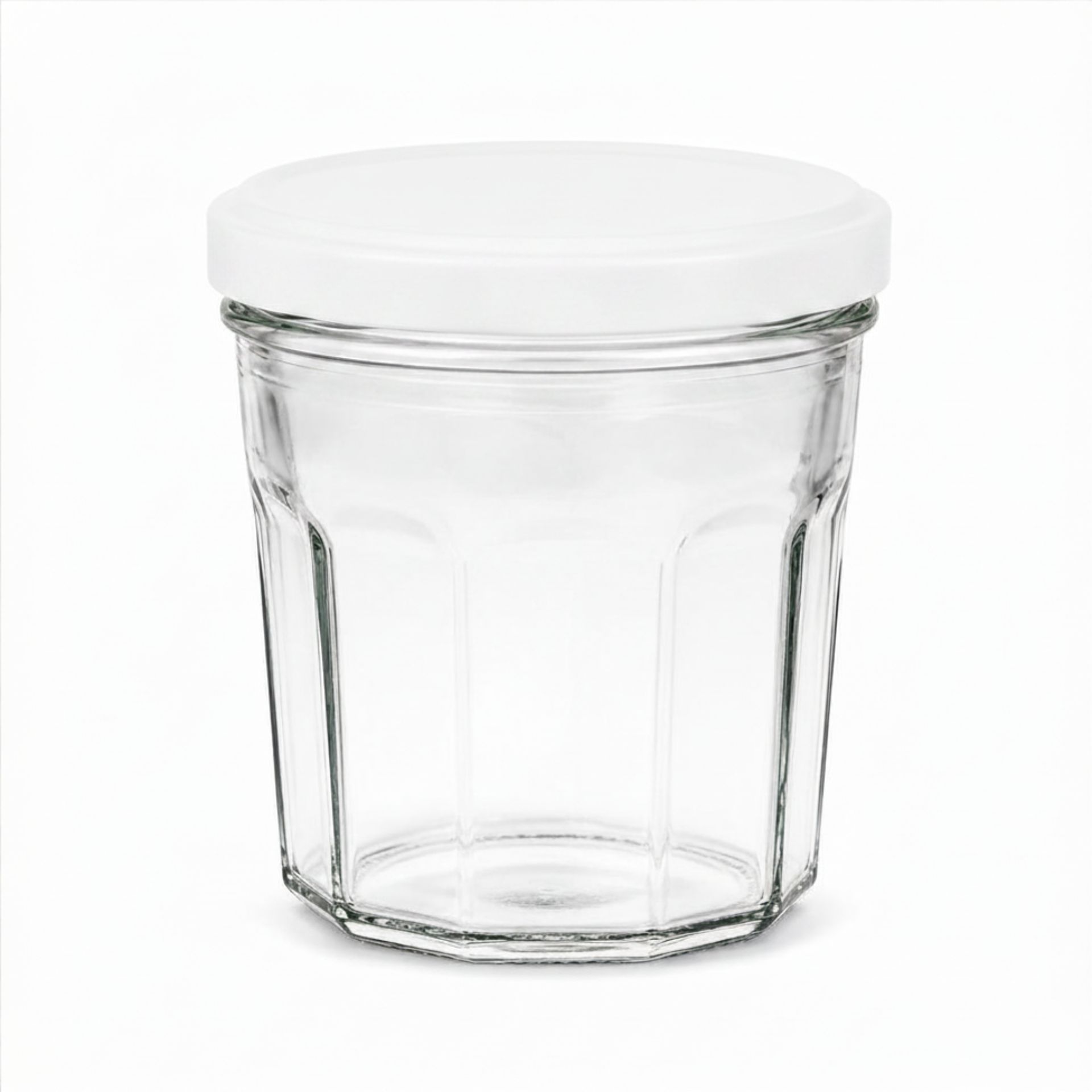 Ein leeres, transparentes Einmachglas mit 324 ml Fassungsvermögen und facettierter Oberfläche, verschlossen mit einem farbigen Metalldeckel; der Deckel ist in verschiedenen Farben erhältlich.