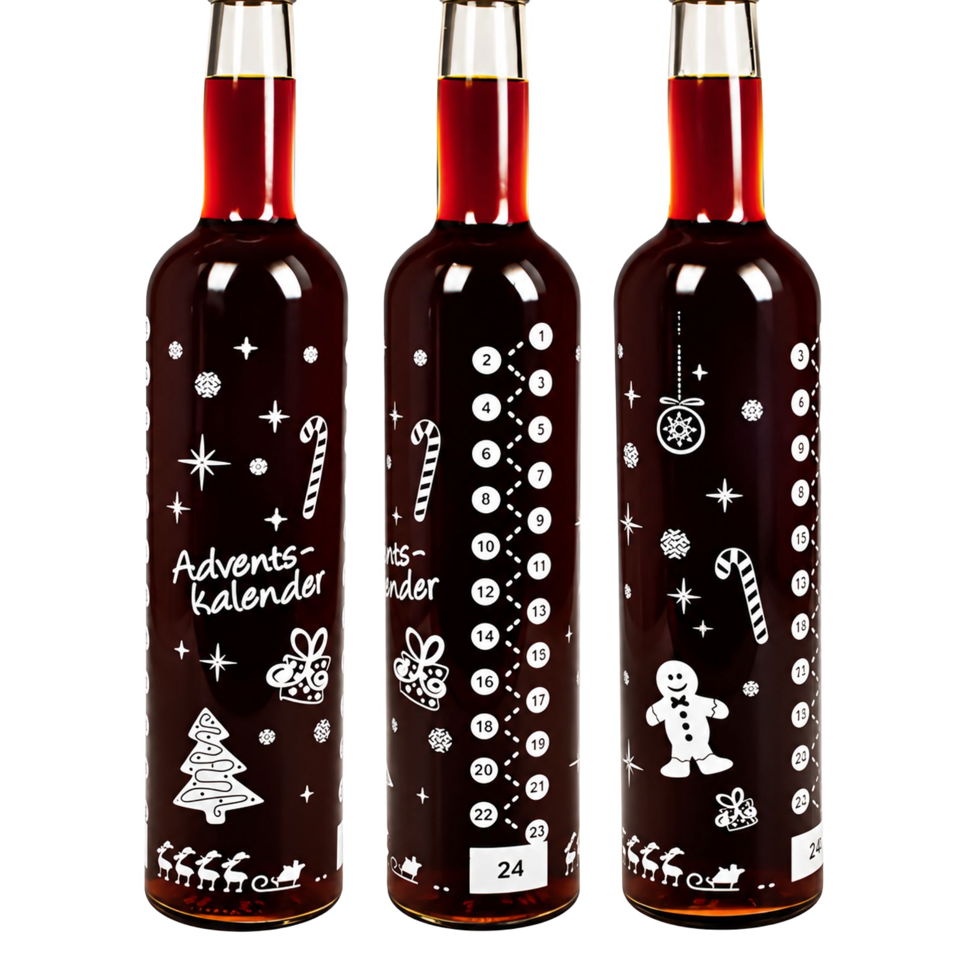 Weiße Glasflasche mit rotem Schraubdeckel, beschriftet mit „Adventskalender“ in roter Schrift, nummeriert von 1 bis 24 als Design-Element.