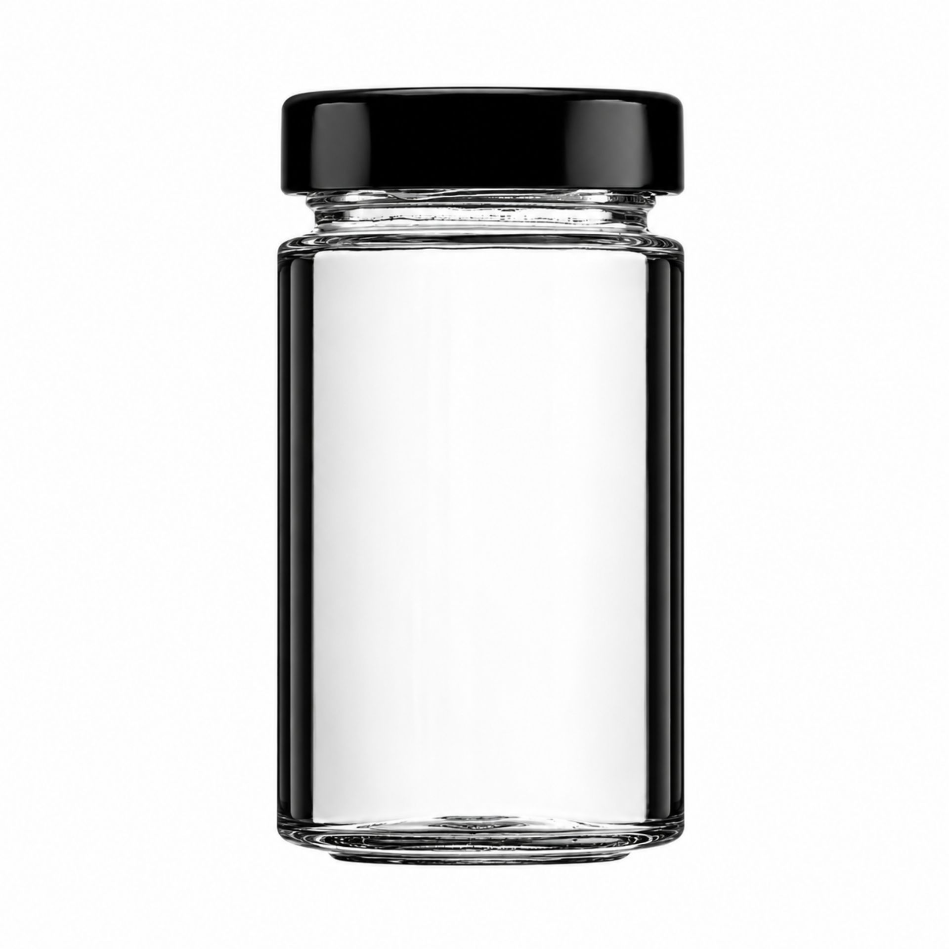 Glasflasche mit Verschluss, transparent, Seitenansicht, 245 ml Kapazität, ideal für Getränkeabfüllung und Präsentation, hochwertiges Material, umweltfreundlich und wiederverwendbar.