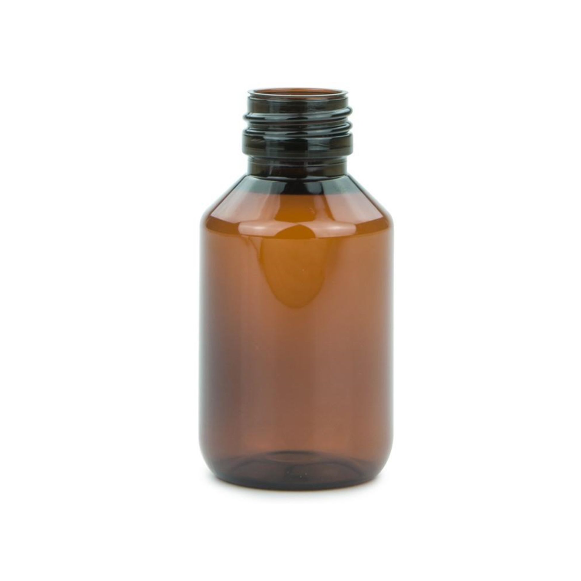 Leere, transparente Glasflasche mit Schraubgewinde, stehend auf weißem Hintergrund.
