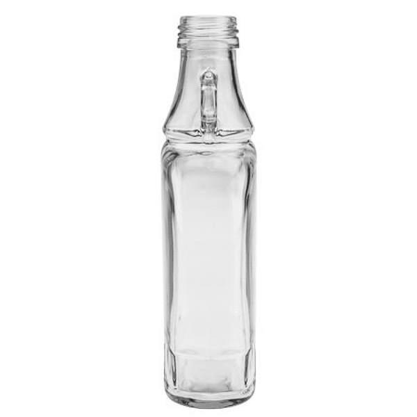 Glasflasche 250 ml mit Henkel und Deckel in Gold oder Silber, ideal für Getränke oder als Dekorationsobjekt, hochwertiges, transparentes Design.