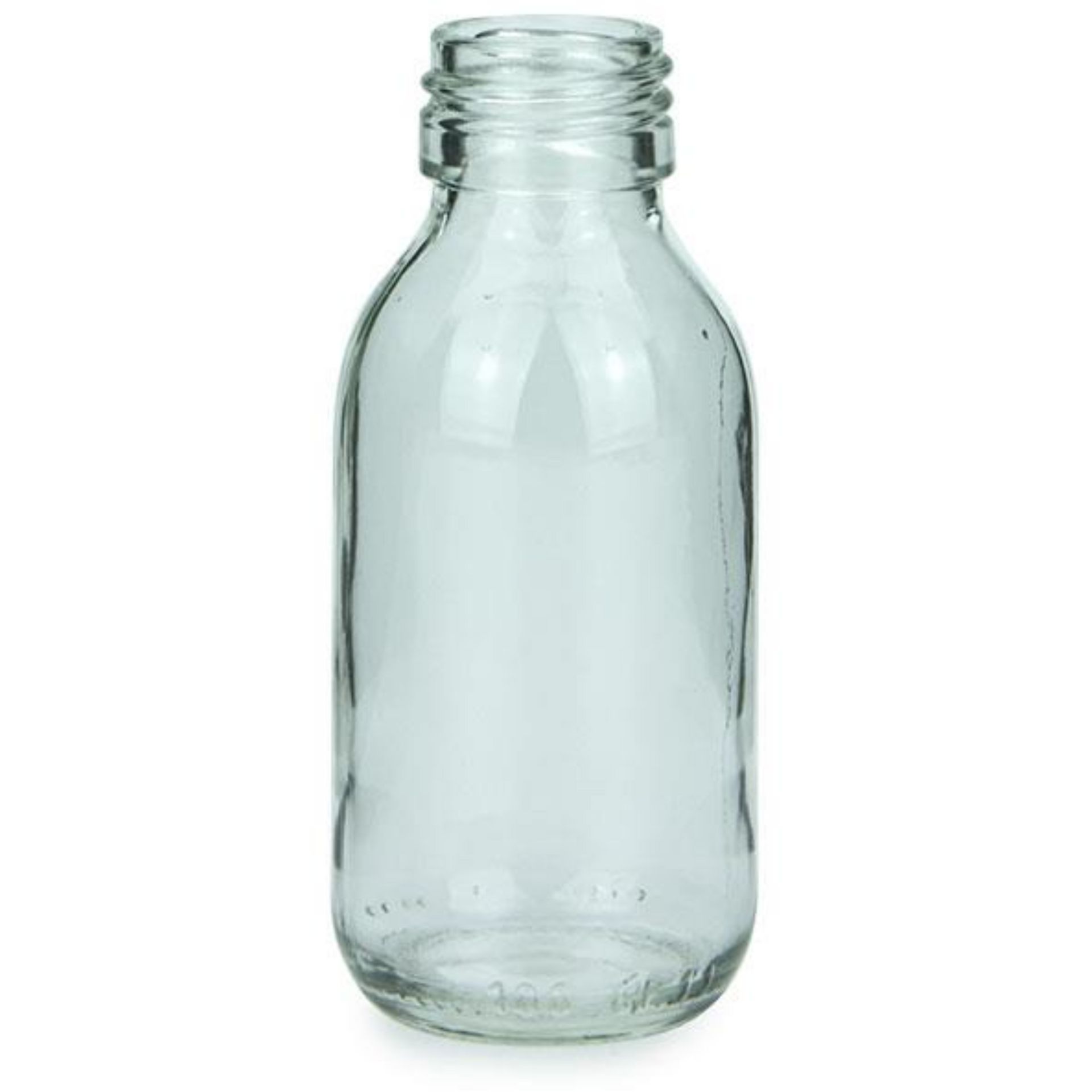 Klare 100-ml-Sirupflasche aus Glas ohne Deckel, auf weißem Hintergrund stehend.