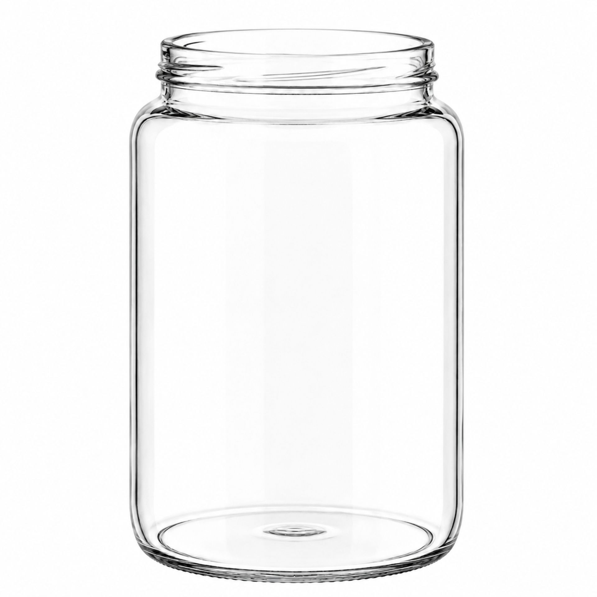 Ein leeres, transparentes Einmachglas aus Glas mit 1700 ml Fassungsvermögen, zylindrischer Form und silberfarbenem Schraubdeckel, vor weißem Hintergrund.