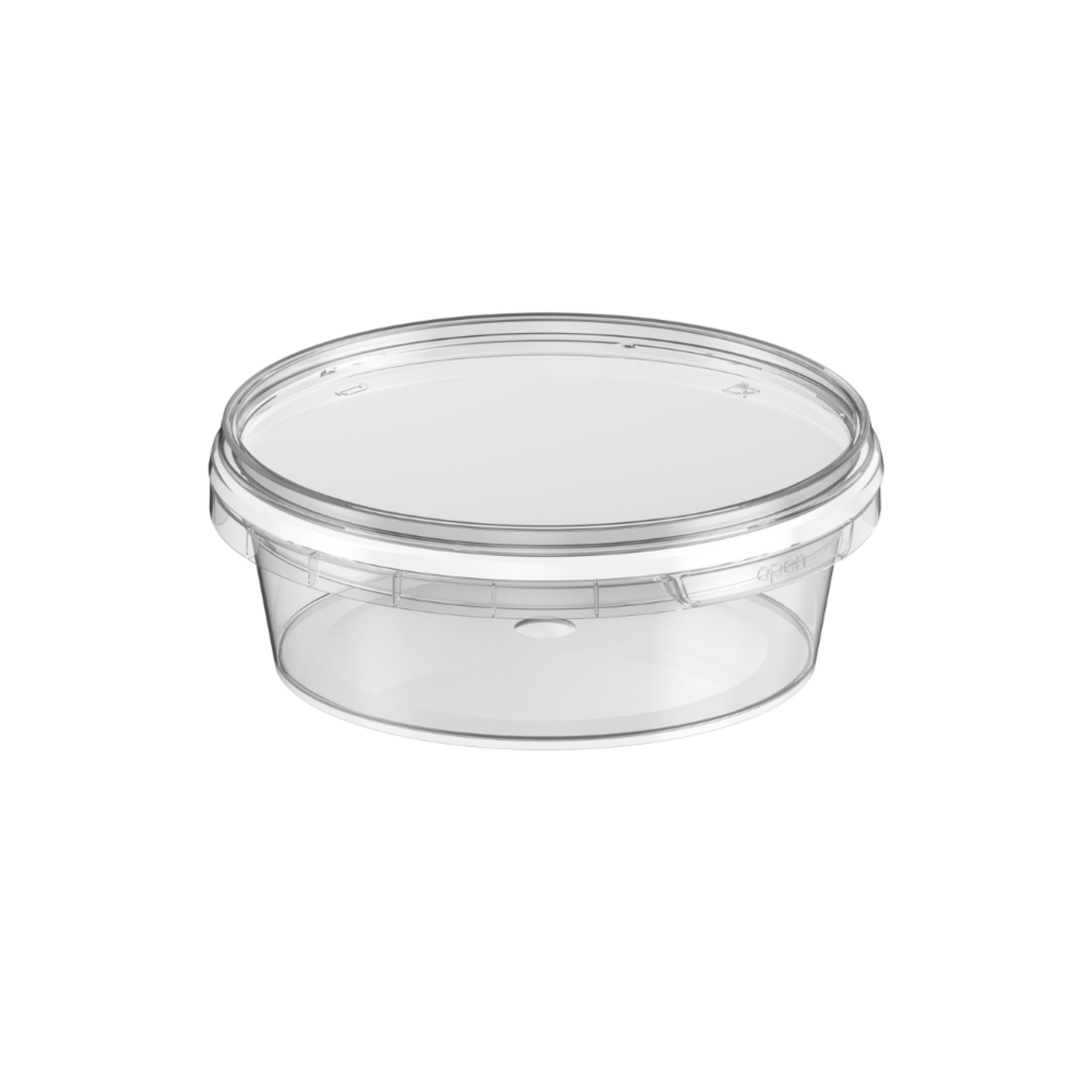 Transparenter Kunststoff-Feinkostbecher mit Deckel, Fassungsvermögen 130 ml, stehend auf weißem Hintergrund.