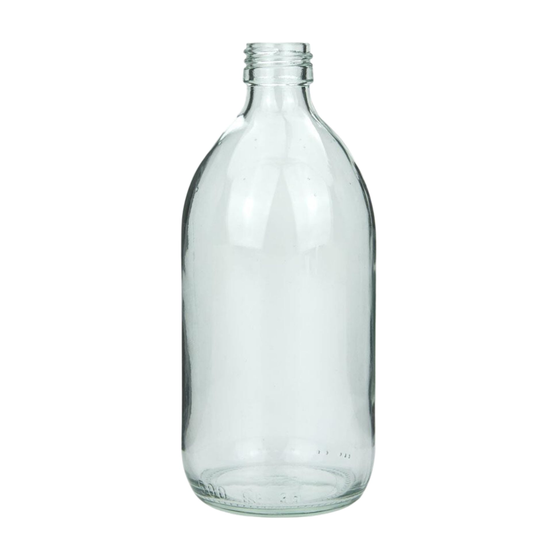 Klare 500-ml-Glasflasche mit Schraubgewinde, zylindrischer Form und leicht abgerundeten Schultern, stehend auf weißem Hintergrund.
