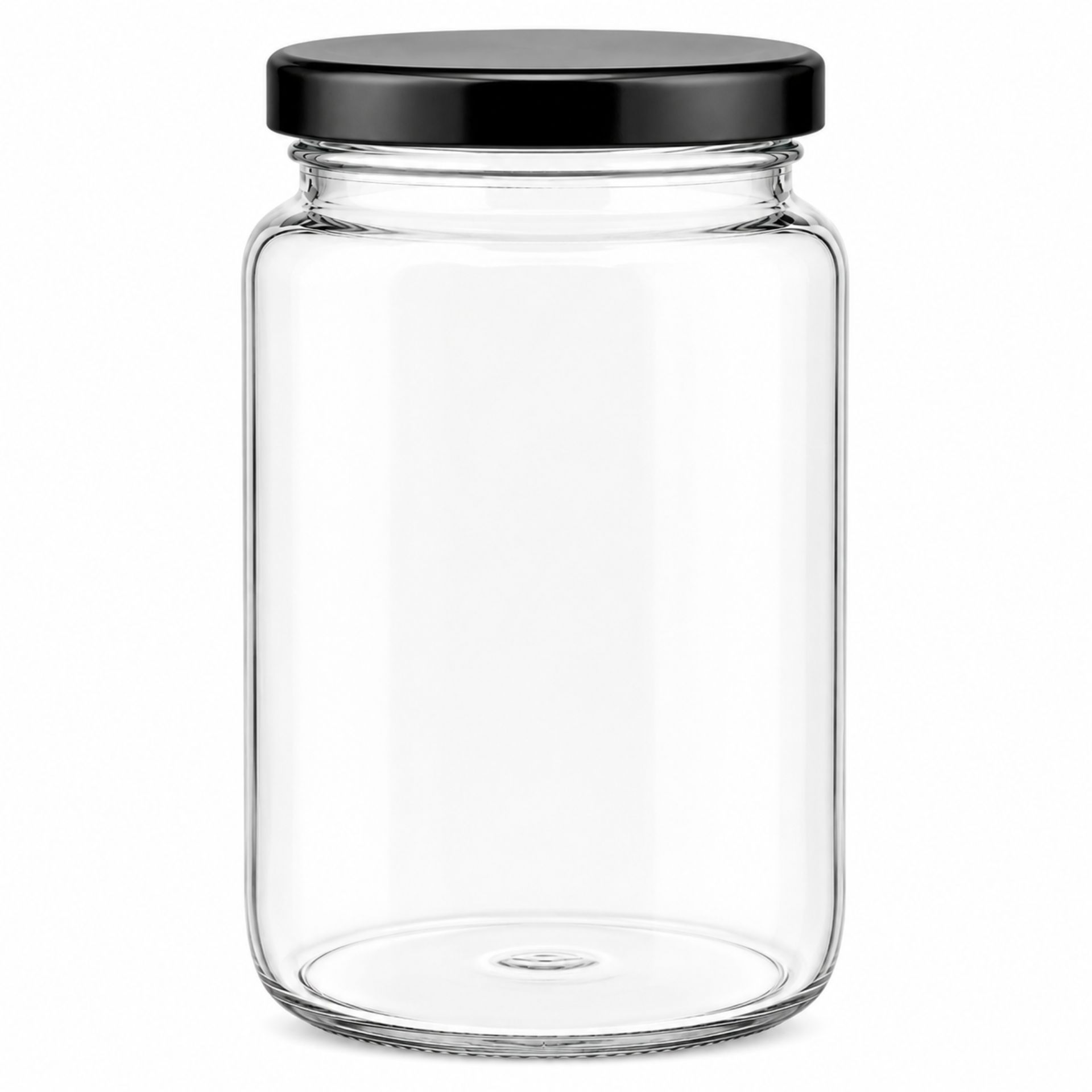 Großes 1700-ml-Einmachglas aus transparentem Glas mit schwarzem Schraubdeckel, stehend vor weißem Hintergrund.