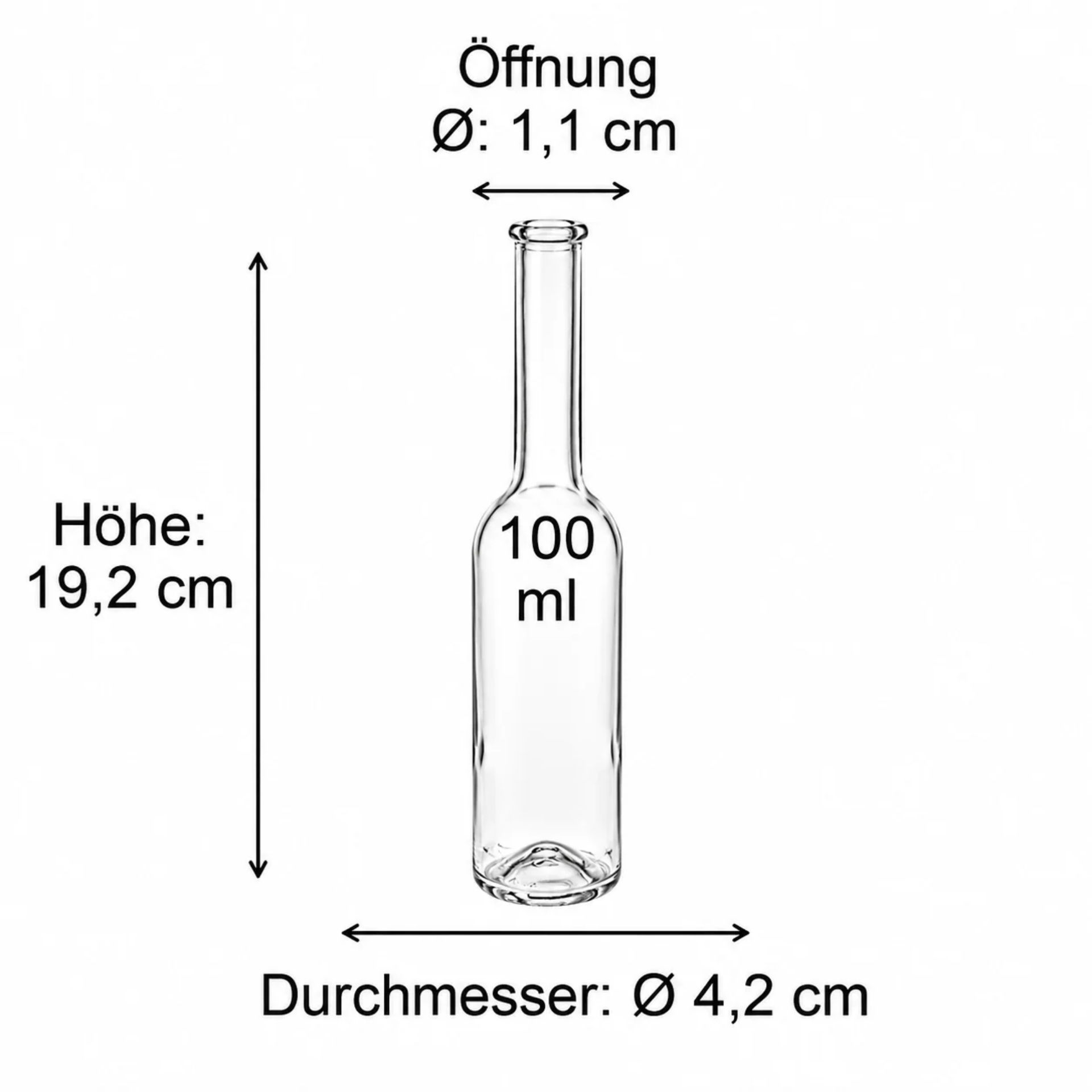 Maße für Glasflasche mit Bügelverschluss - Technische Zeichnung mit Höhen- und Durchmesserangaben, geeignet für Produktdatenblätter und Verpackungsspezifikationen.