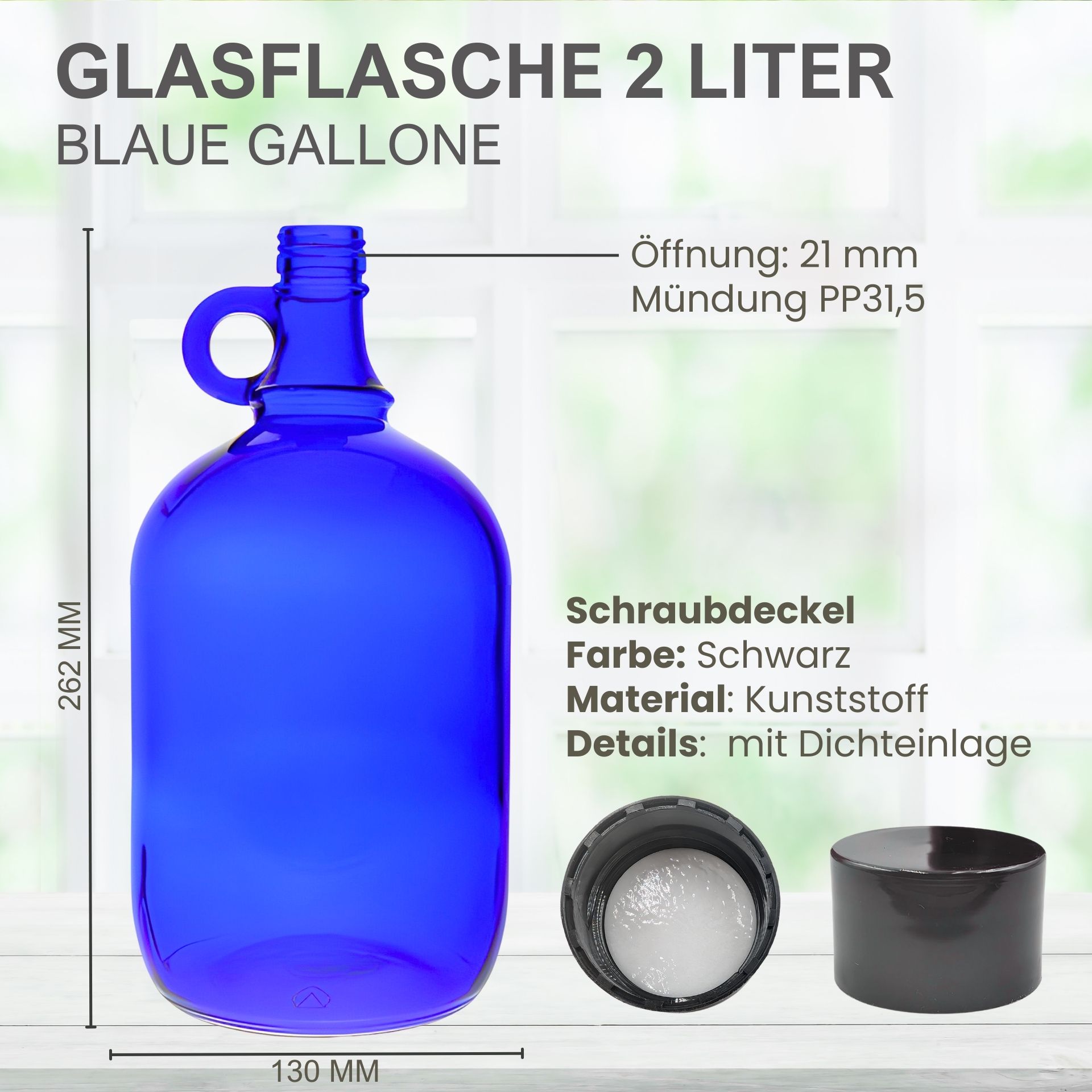 Blaue Glasflasche Gallone mit Schraubverschluss schwarz 2000 ml