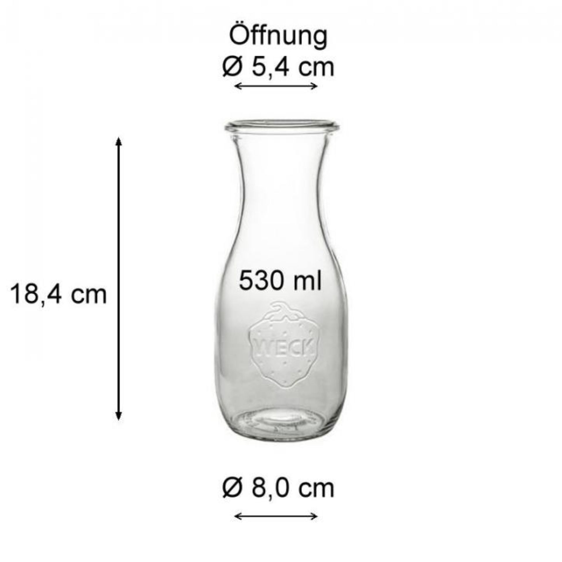 Weck Saftflasche 530 ml aus klarem Glas, ideal zur Aufbewahrung von Säften und Getränken, mit ikonischem Weck-Logo und praktischem Verschluss, Produktbild.