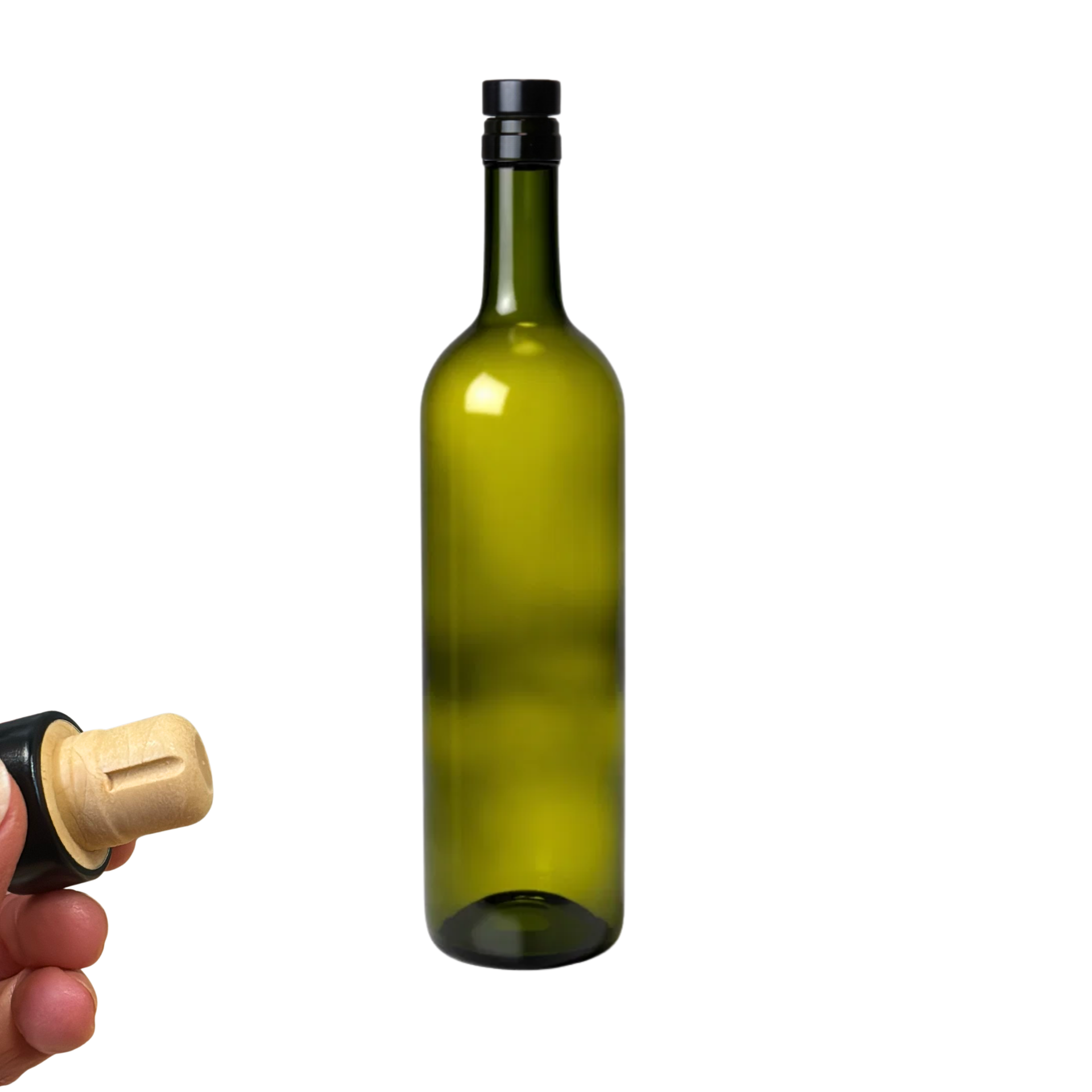 Glasflasche 750 ml grün mit PE Griffkorken schwarz