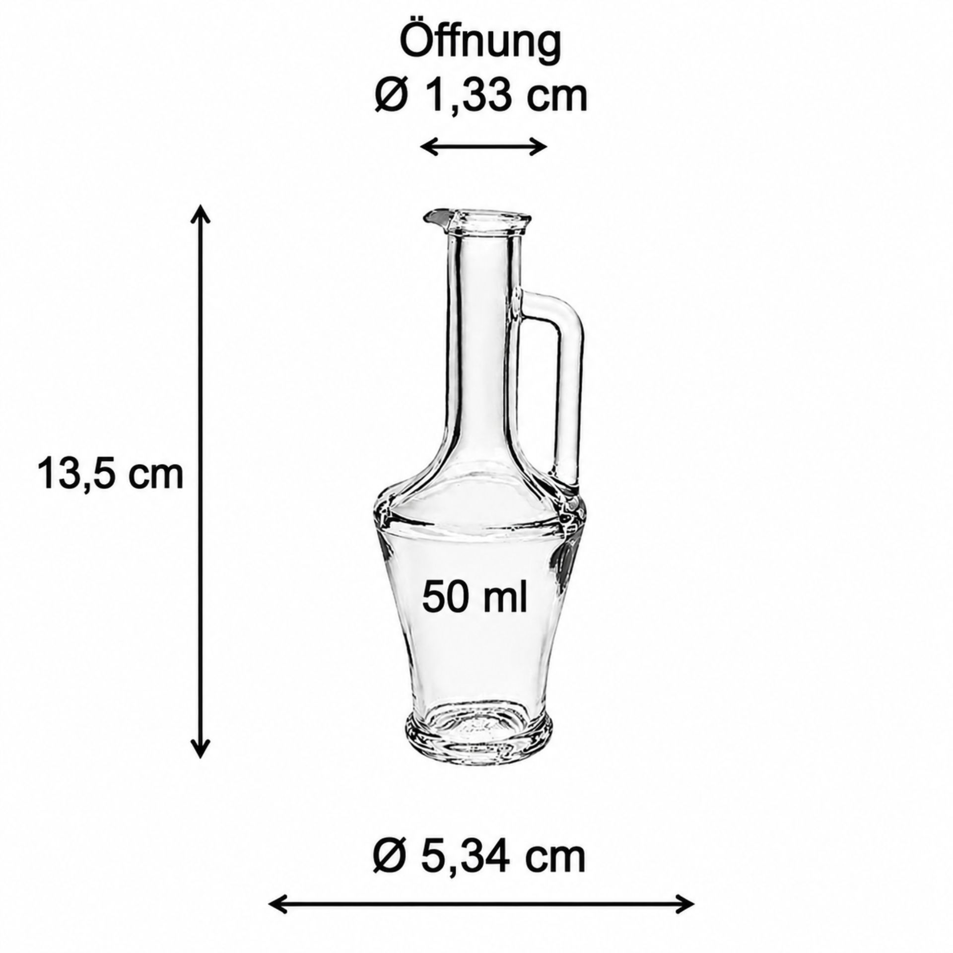 Bild einer 50 ml Glasflasche in Amphorenform mit Korken - ideal für Liköre und Spirituosen, erhältlich bei Flaschen, Gläser und Dosen.