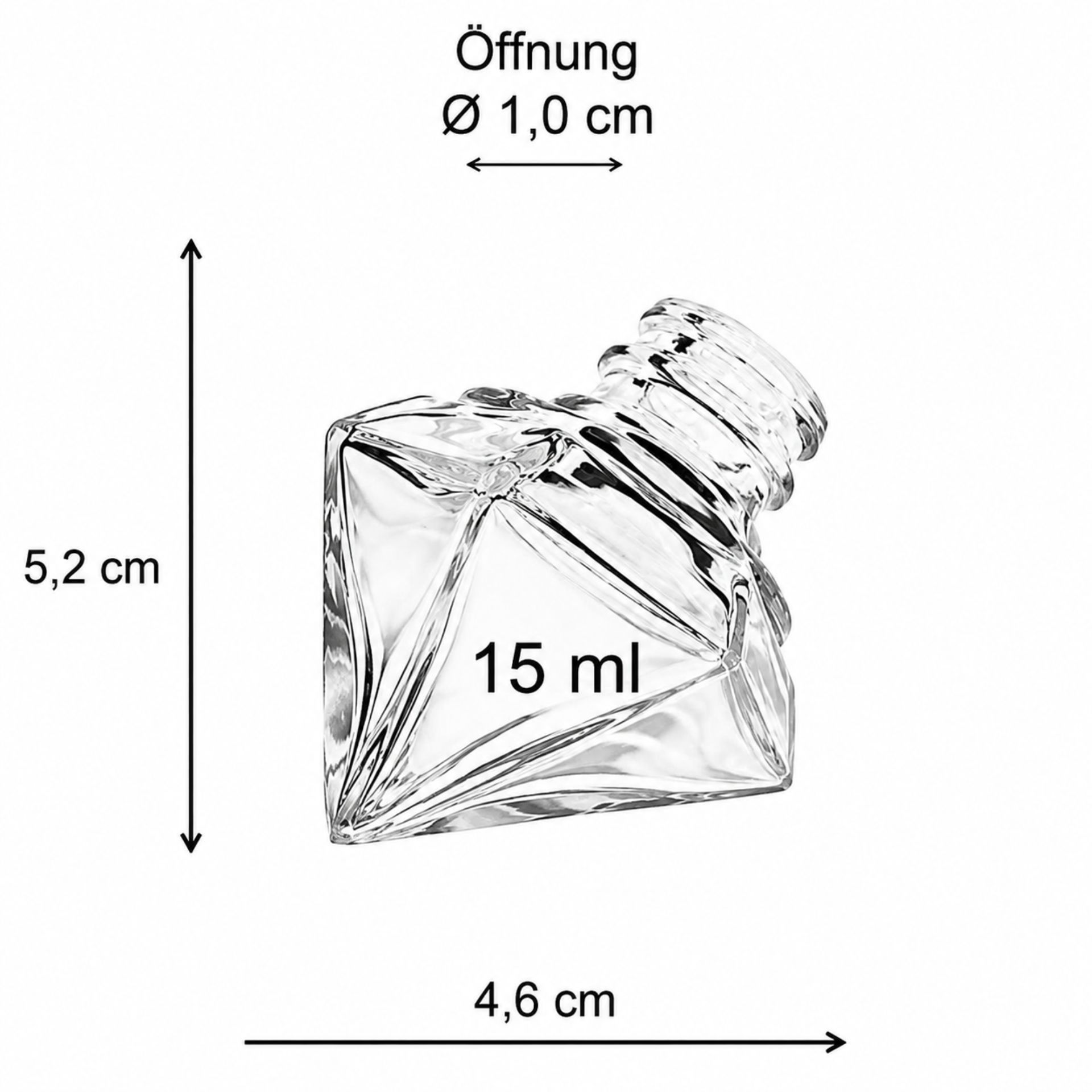 Bild einer transparenten 15 ml Diamantflasche mit silbernem Schraubverschluss, ideal für kosmetische Produkte wie Nagellack oder Parfümöle. Die Flasche steht vor einem neutralen, weißen Hintergrund. Optimale Wahl für professionelle Präsentationen und Prod