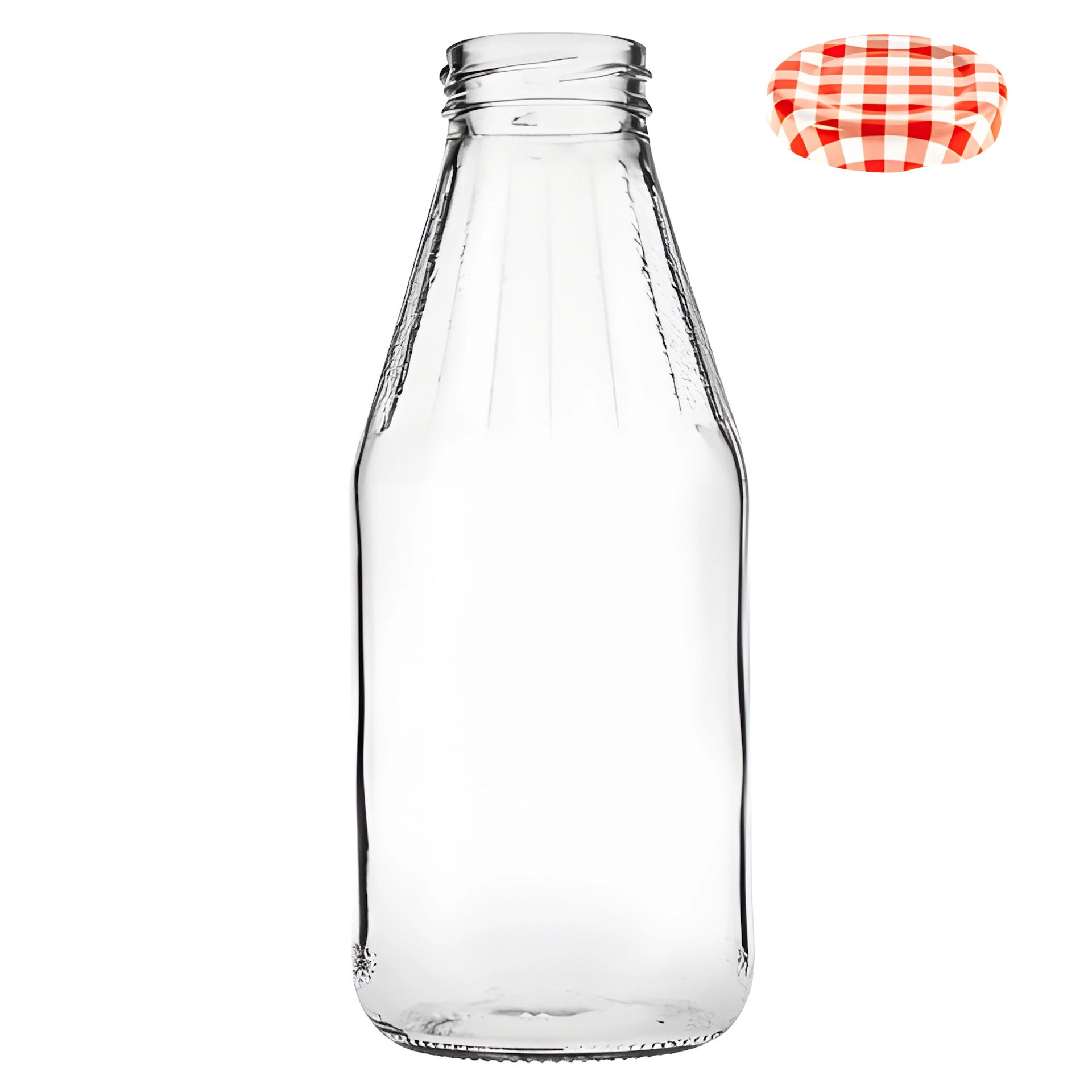 8 teiliges Kristallglas Set für Getränke - Elegant und zeitlos Design Acht leere, durchsichtige Glasflaschen mit Bügelverschluss stehen in zwei Reihen auf weißem Hintergrund.