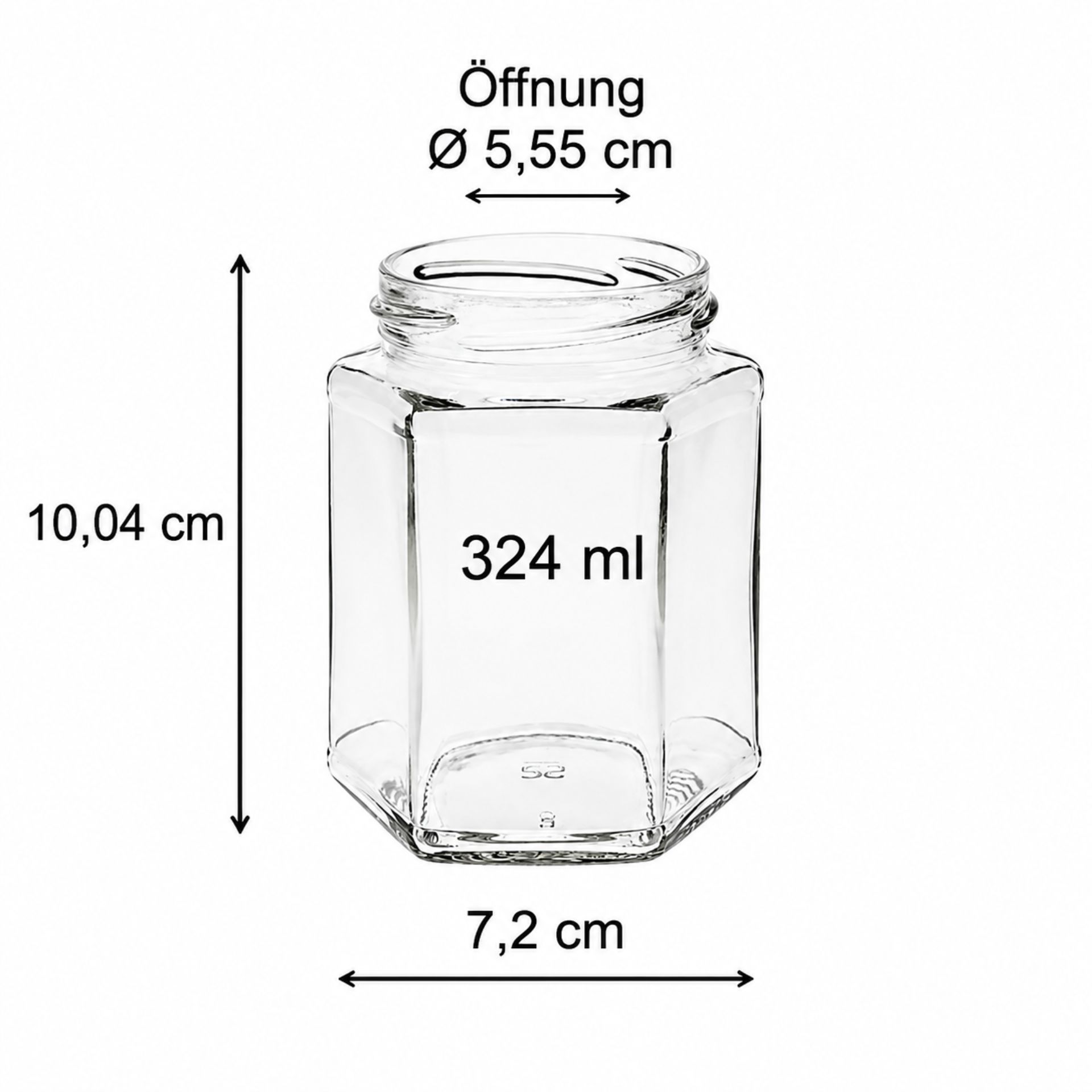 Ein sechseckiges Einmachglas mit einem Fassungsvermögen von 324 ml, ausgestattet mit einem goldfarbenen Schraubdeckel, auf einem neutralen Hintergrund platziert. Ideal für die Aufbewahrung von Marmeladen, Konfitüren oder anderen eingeweckten Lebensmitteln