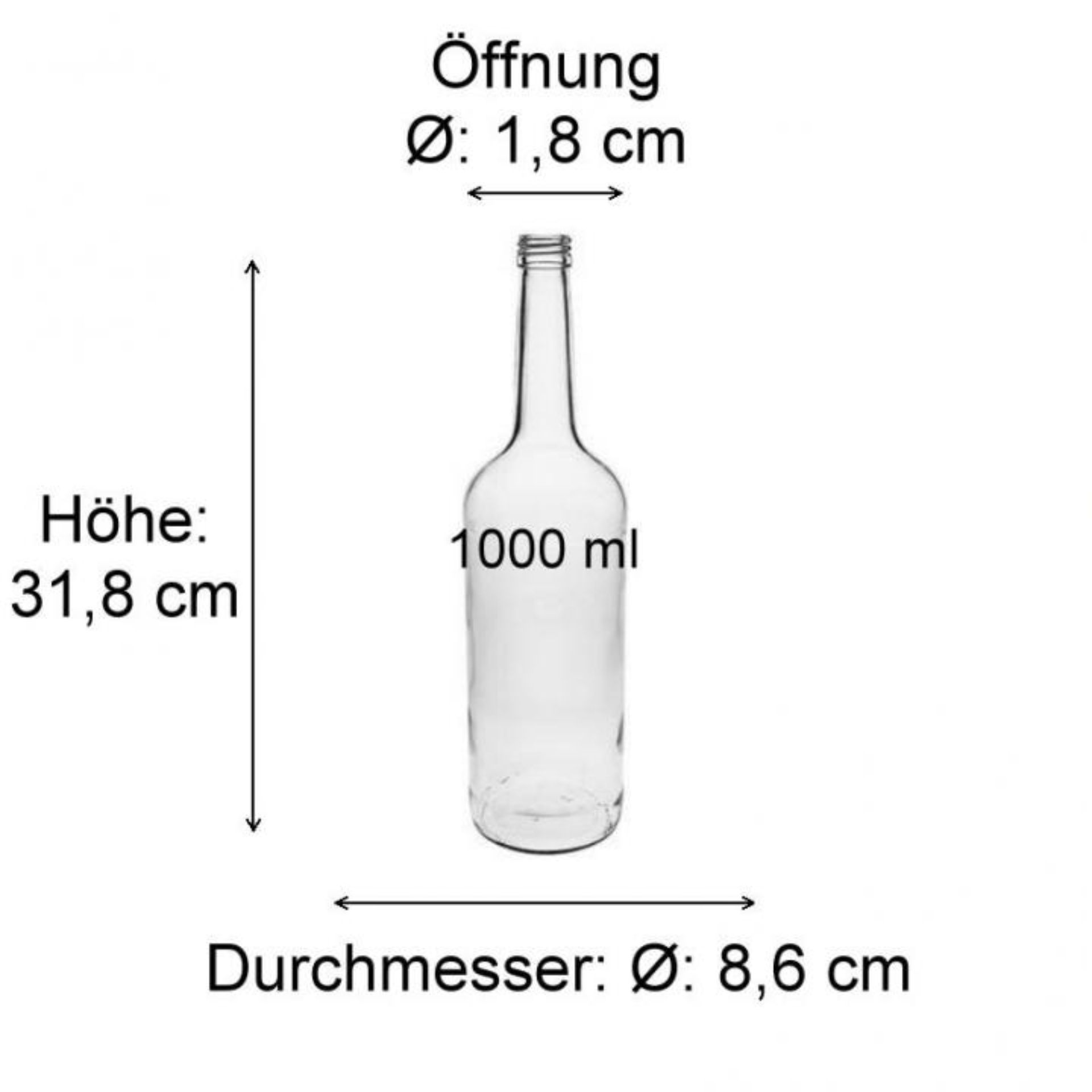 Glasflasche 1000 ml mit rundem Design und silberfarbener Verschlusskappe – ideal für Getränke und flüssige Produkte, hochwertig und stilvoll.