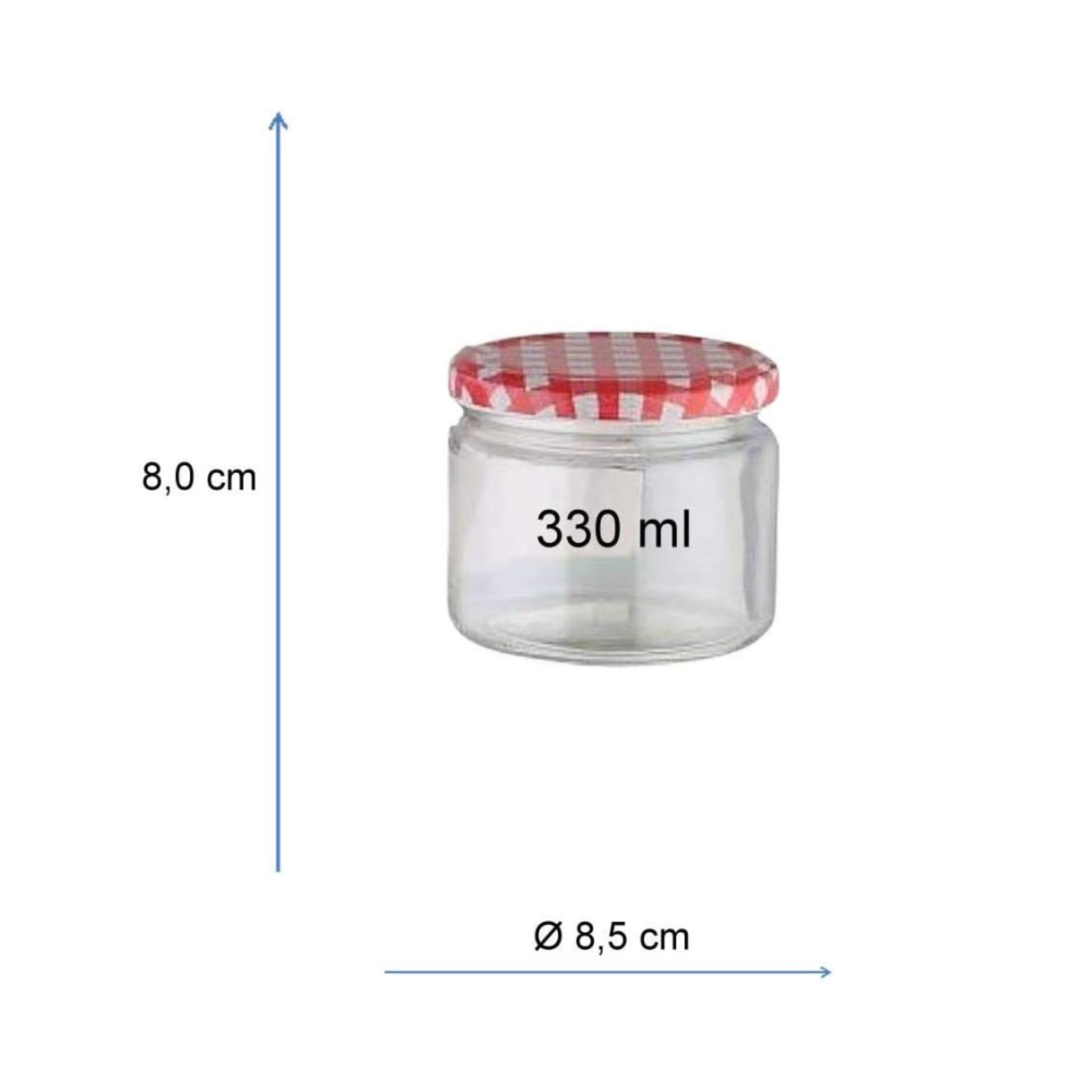 18-teiliges Vorratsglas-Set 330 ml – runde Einmachgläser mit rot-weiß kariertem Deckel 18 leere Vorratsgläser aus klarem Glas mit rot-weiß karierten Schraubdeckeln, gleichmäßig angeordnet in drei Reihen auf weißem Hintergrund.