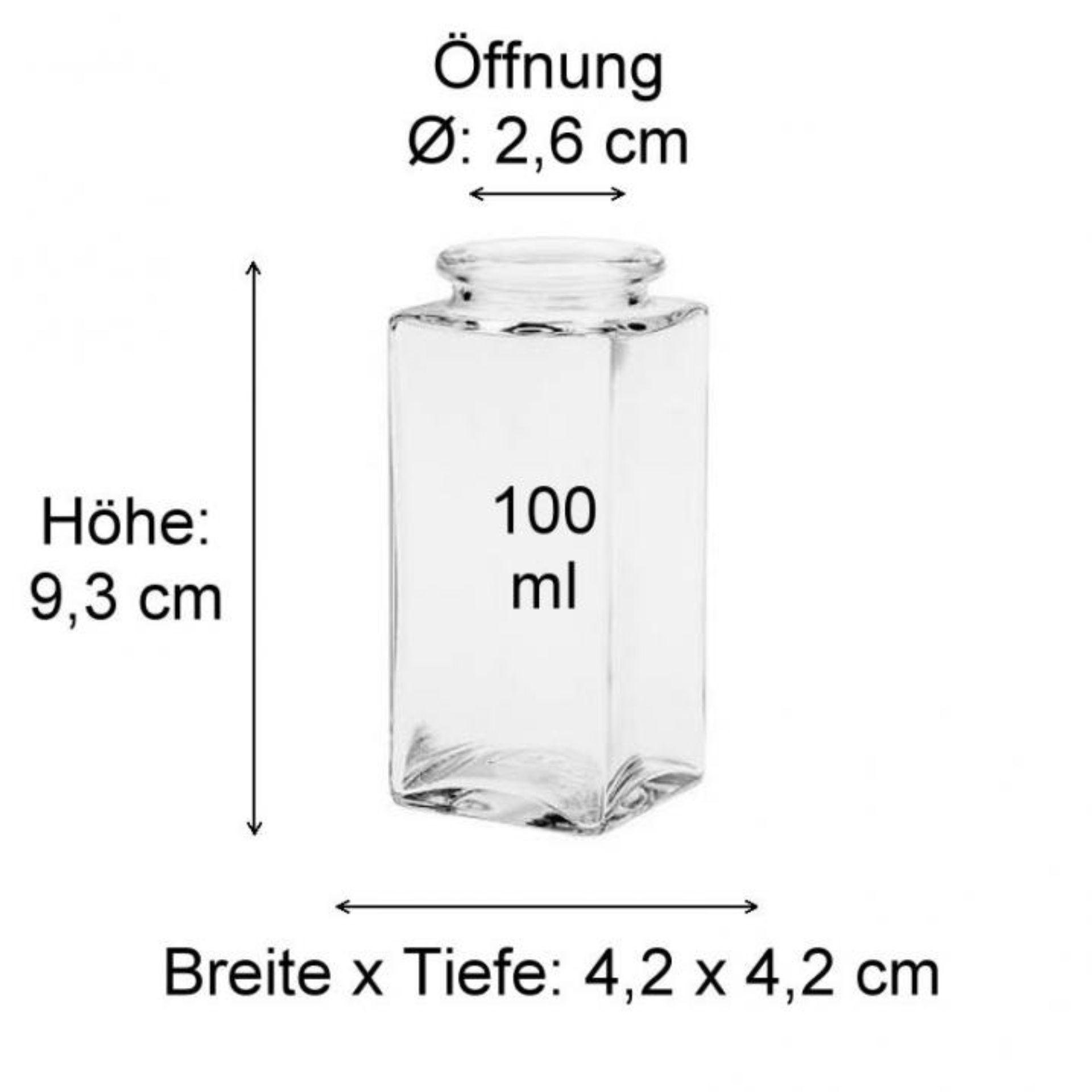 100 ml Flasche aus Glas mit schmalem Hals und transparentem Design, für Flüssigkeiten wie Öle oder Essenzen geeignet.