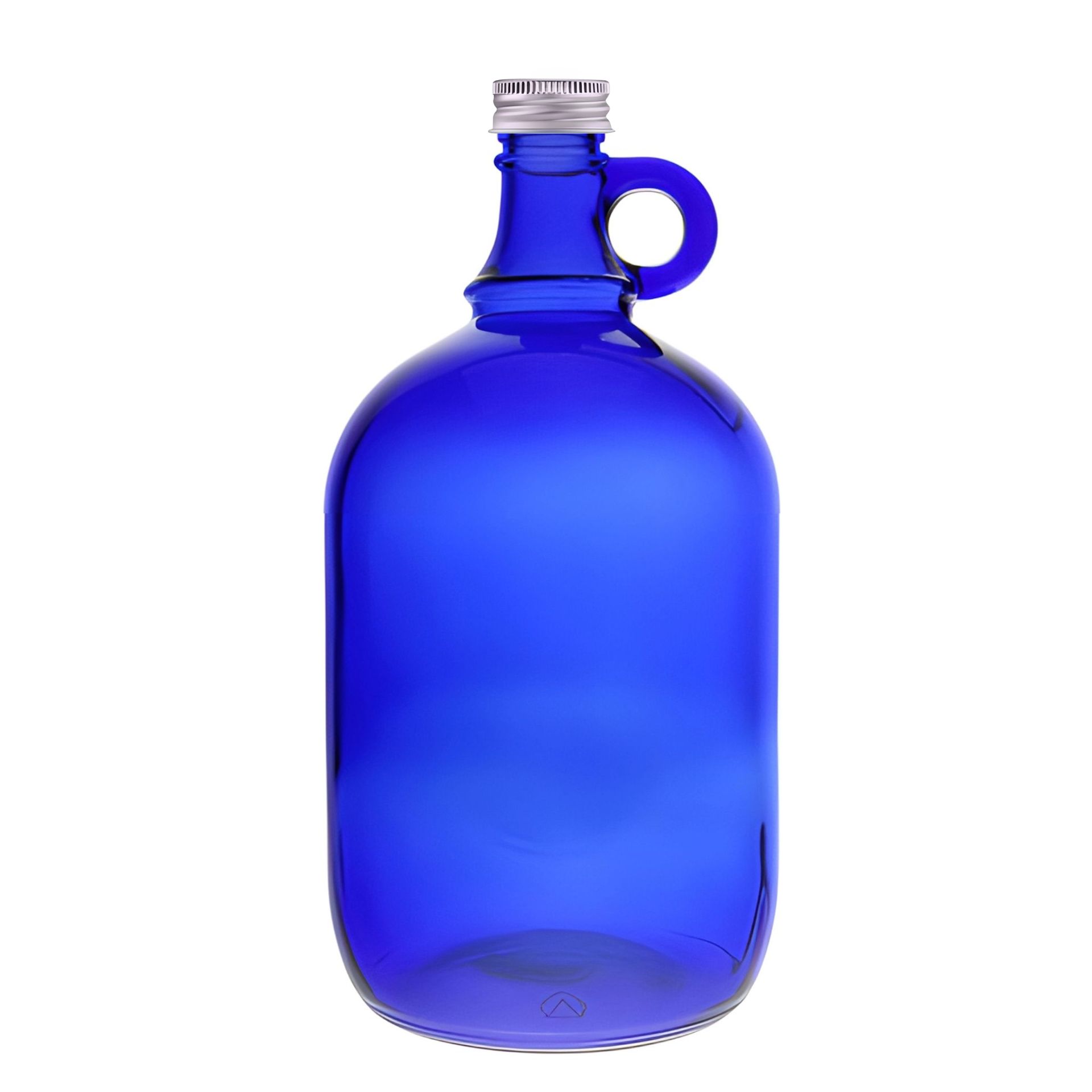 Blaue 2000 ml Glasflasche mit Henkel und silbernem Schraubdeckel – ideal für Getränke und Aufbewahrung Henkelflasche aus blauem Glas mit silbernem Deckel, Fassungsvermögen 2000 ml – stilvolle Lagerungslösung auf Flaschen Gläser und Dosen.