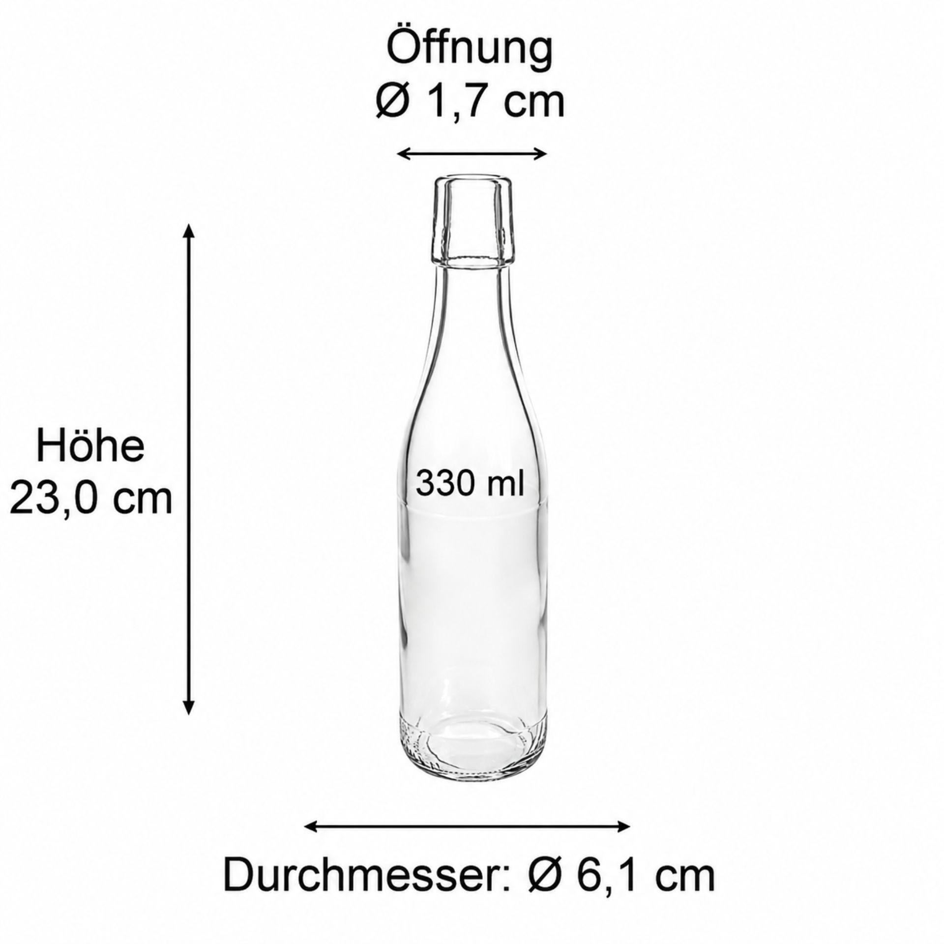 330 ml Glasflasche mit Bügelverschluss auf weißem Hintergrund, ideal für Getränkeabfüllung, klare Glasstruktur, umweltfreundliches Design, wiederverwendbar und perfekt für den täglichen Gebrauch.