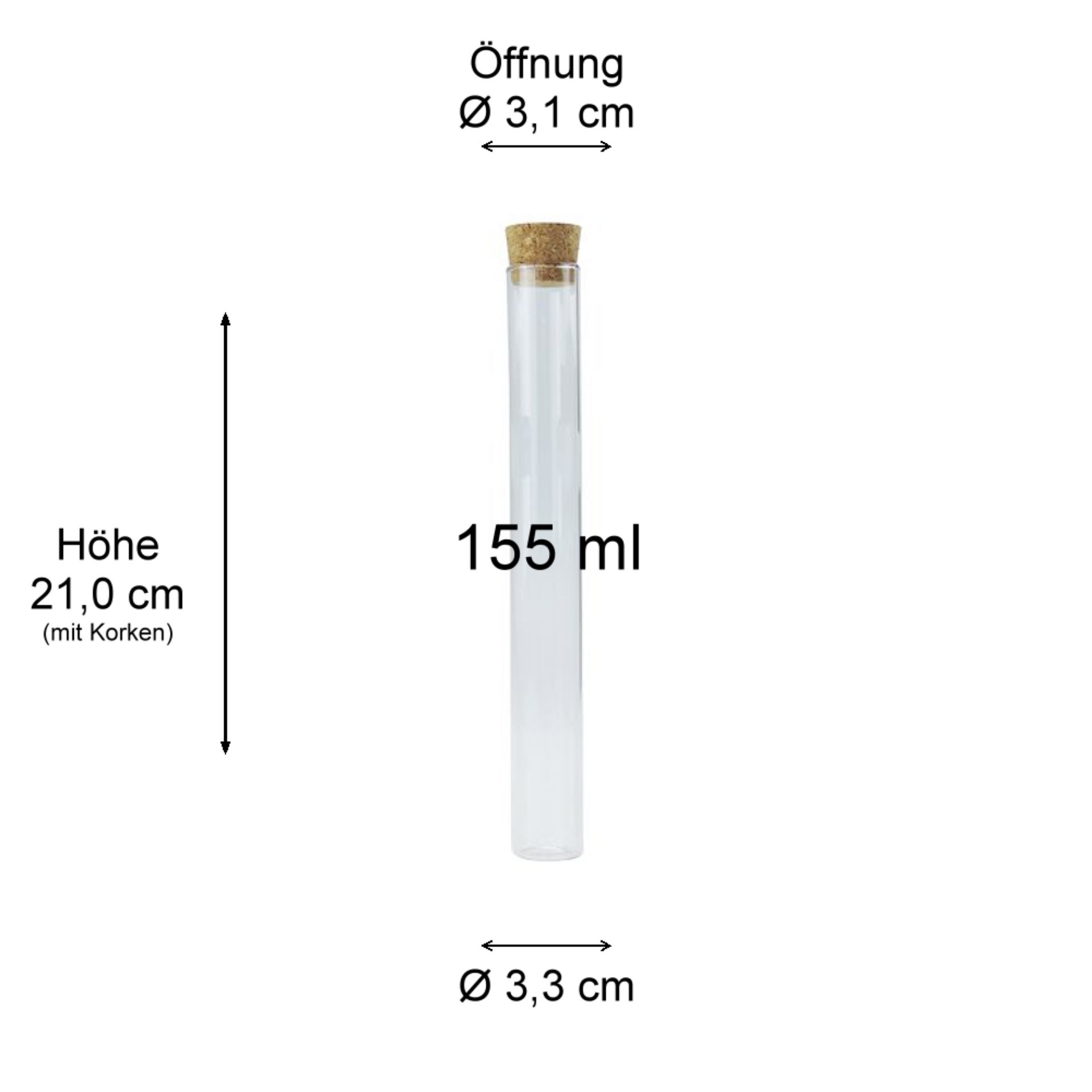 Korkenglas 155 ml Reagenzglas mit Korken - ideal für Dekorationen, Aufbewahrung kleiner Gegenstände oder kreative Geschenkverpackungen.