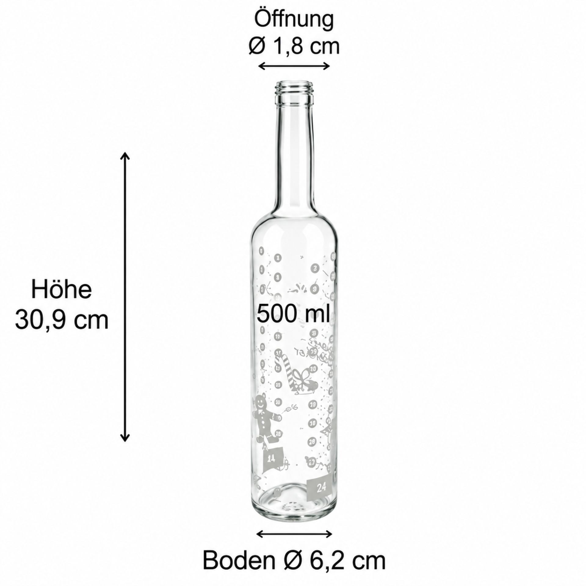 500-ml-Glasflasche mit weißem Adventskalender-Design und rotem Schraubdeckel, stehend auf weißem Hintergrund.
