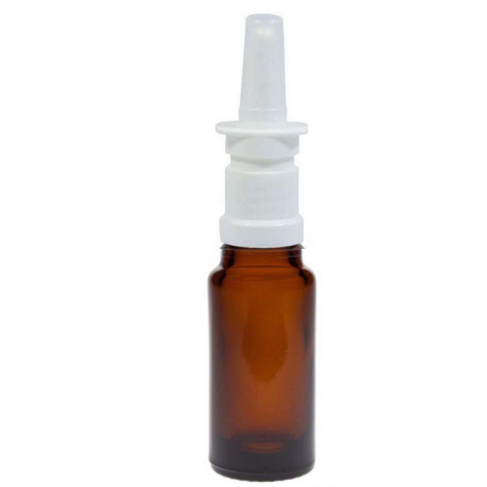 Nasenspray 10 ml Flasche - Produktbild Braunes Glasfläschchen mit weißem Sprühaufsatz, beschriftet als Nasenspray, vor neutralem Hintergrund.