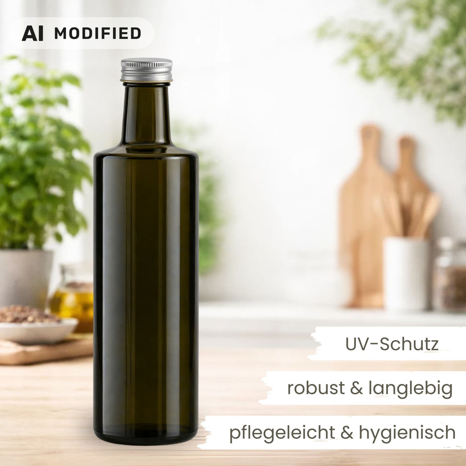 Glasflasche 500 ml rund braun Ölflasche Deckel Silber