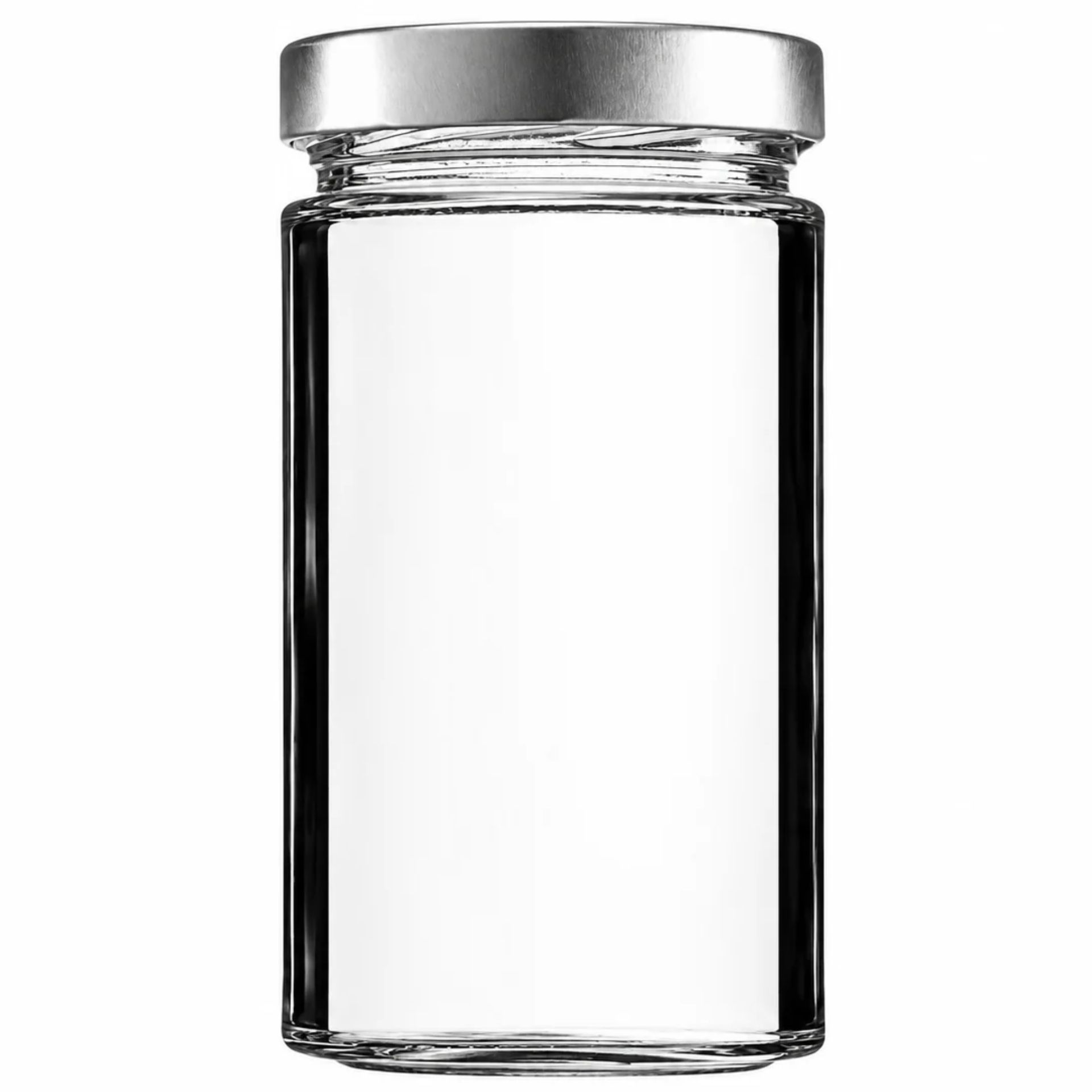 720-ml-Einmachglas aus klarem Glas mit silbernem Schraubdeckel, stehend auf weißem Hintergrund.