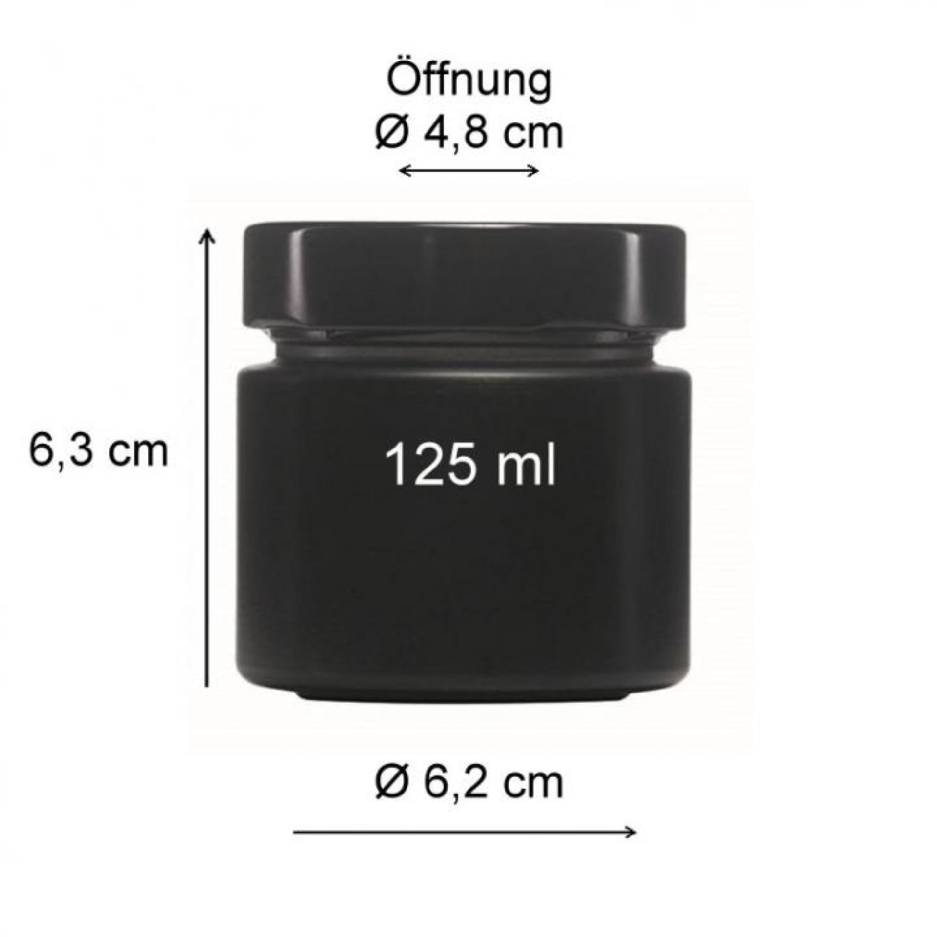 Ein leeres, klares Einmachglas mit 125 ml Fassungsvermögen, aufrecht stehend, mit schwarzem Schraubdeckel verschlossen, vor weißem Hintergrund.