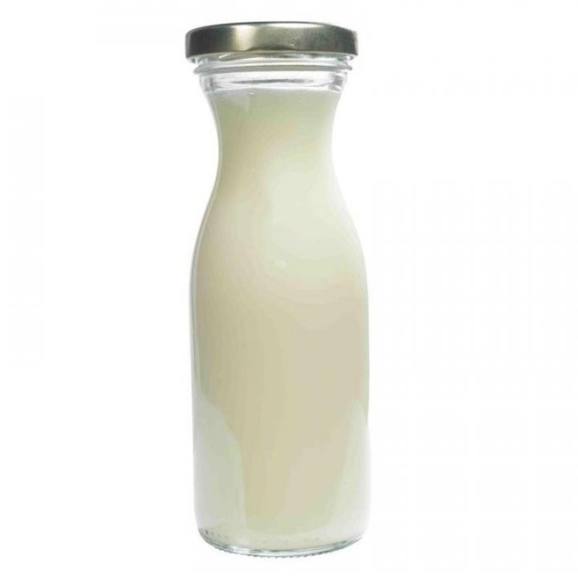 Bild einer transparenten Glasflasche mit einem Fassungsvermögen von 250 ml, ideal als Saftflasche; die Flasche hat eine schlanke Form mit breitem Hals und ist auf einem neutralen Hintergrund platziert.