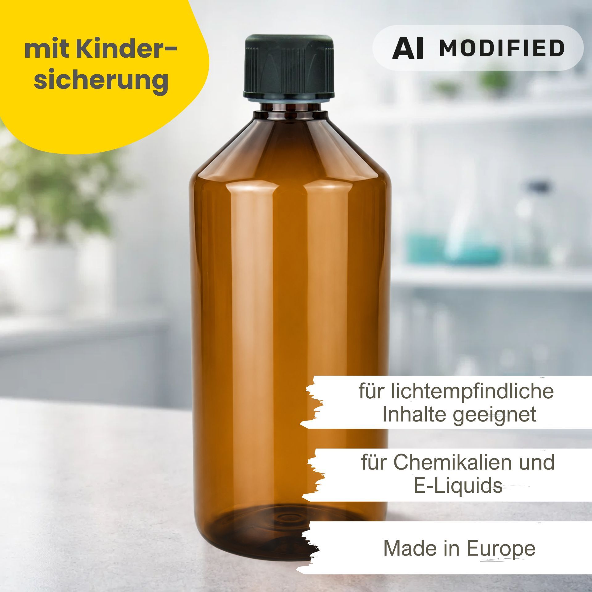 PET Flasche 1000 ml braun Laborflasche (Kindersicherung)